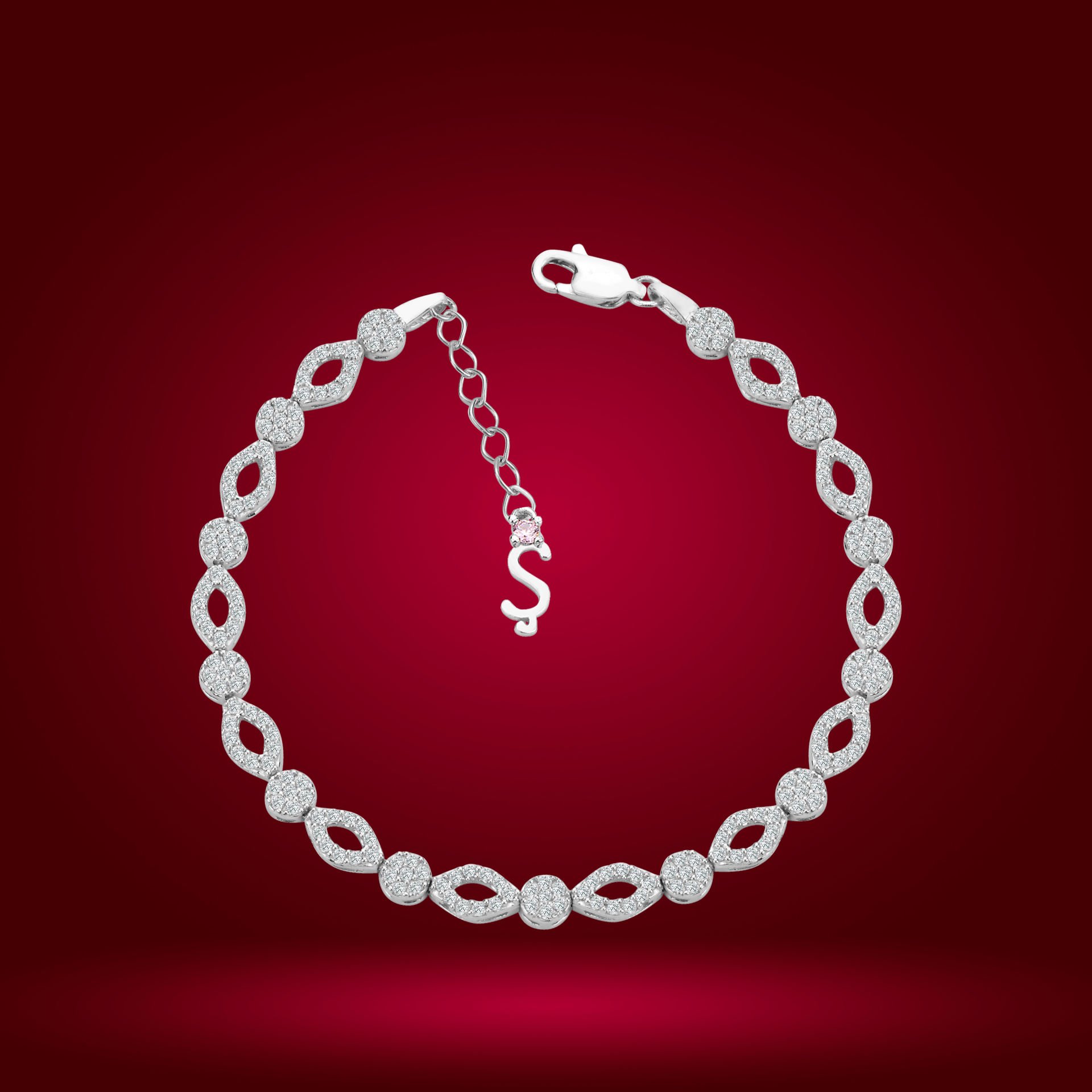 925 Ayar Gümüş Pırlanta Montürlü Göz Model Zincir Harfli Su Yolu Bileklik Ş