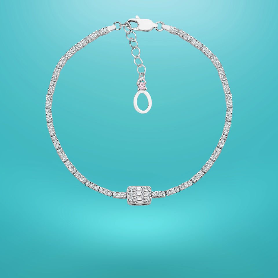 925 Ayar Gümüş Üç Taş 2 Sıra Baget Zincir Harfli Su Yolu Bileklik Ö