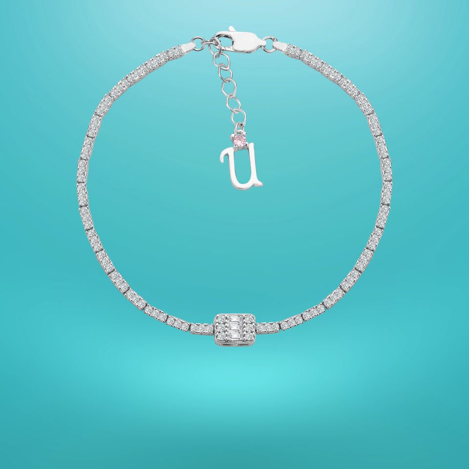 925 Ayar Gümüş Üç Taş 2 Sıra Baget Zincir Harfli Su Yolu Bileklik Ü