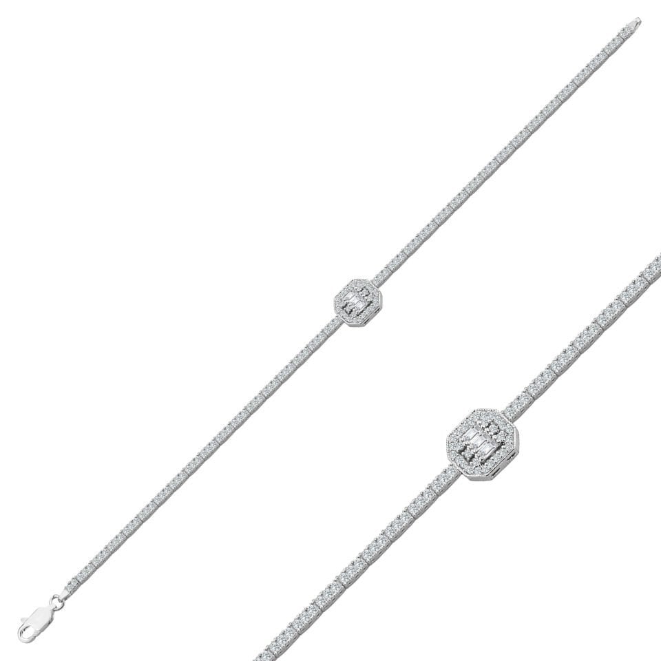 925 Ayar Gümüş Üç Taş Oval Bagetli Zincir Harfli Su Yolu Bileklik