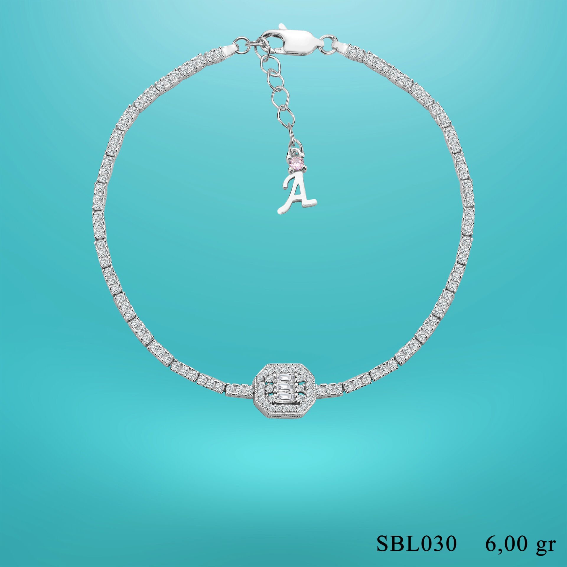 925 Ayar Gümüş Üç Taş Oval Bagetli Zincir Harfli Su Yolu Bileklik