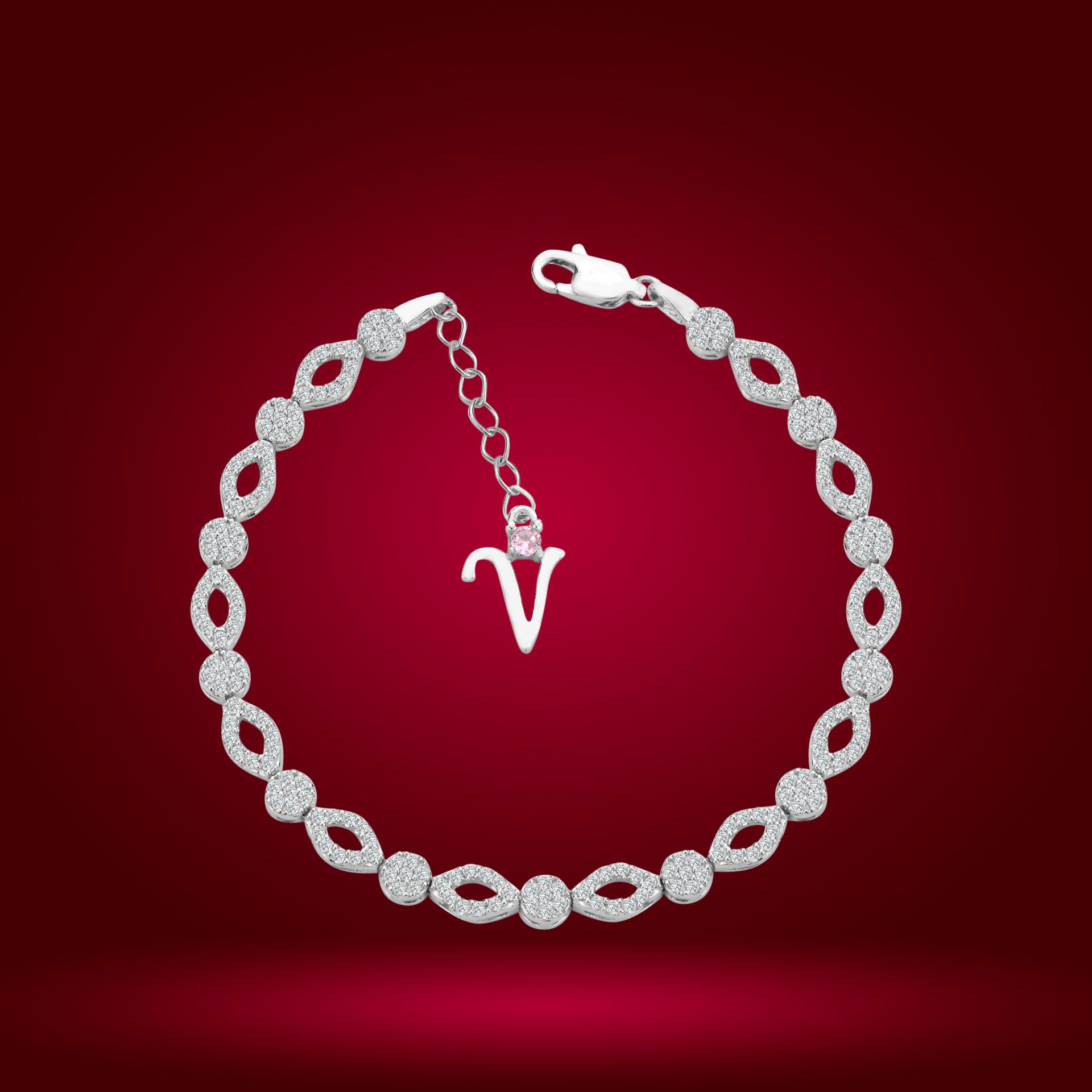 925 Ayar Gümüş Pırlanta Montürlü Göz Model Zincir Harfli Su Yolu Bileklik V