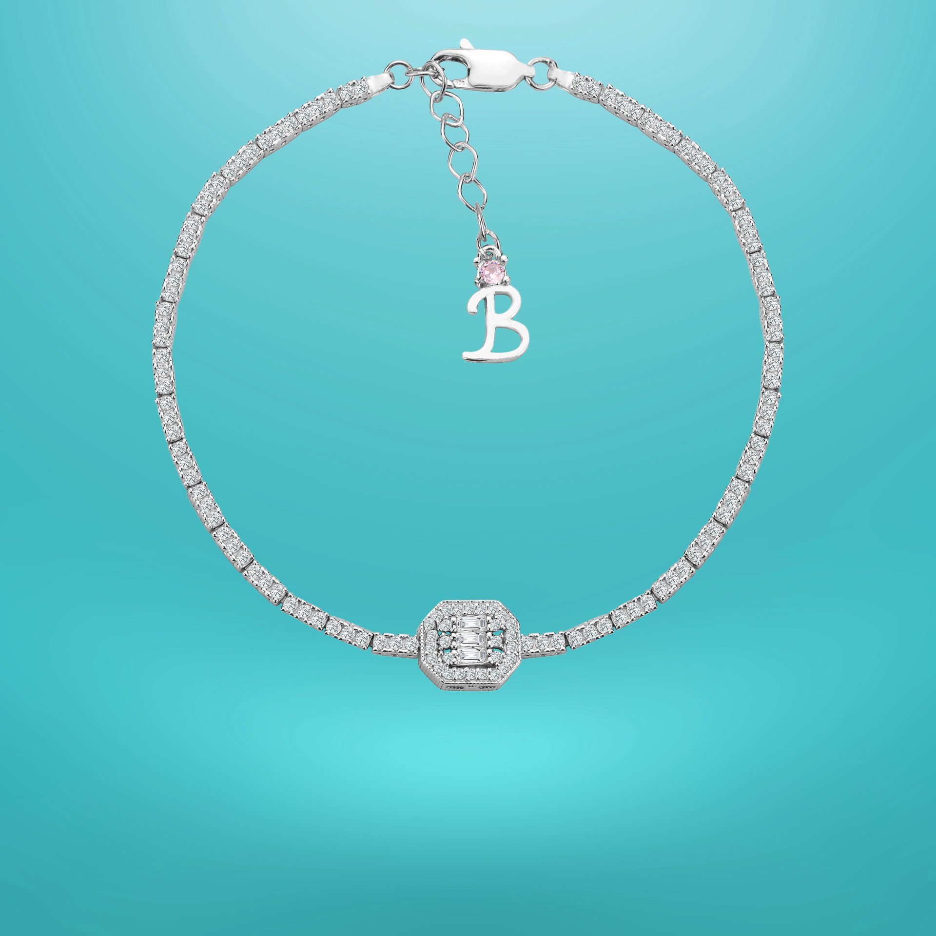 925 Ayar Gümüş Üç Taş Oval Bagetli Zincir Harfli Su Yolu Bileklik B