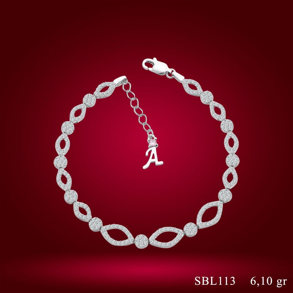 925 Ayar Gümüş Pırlanta Montürlü  Zincir Harfli Su Yolu Bileklik