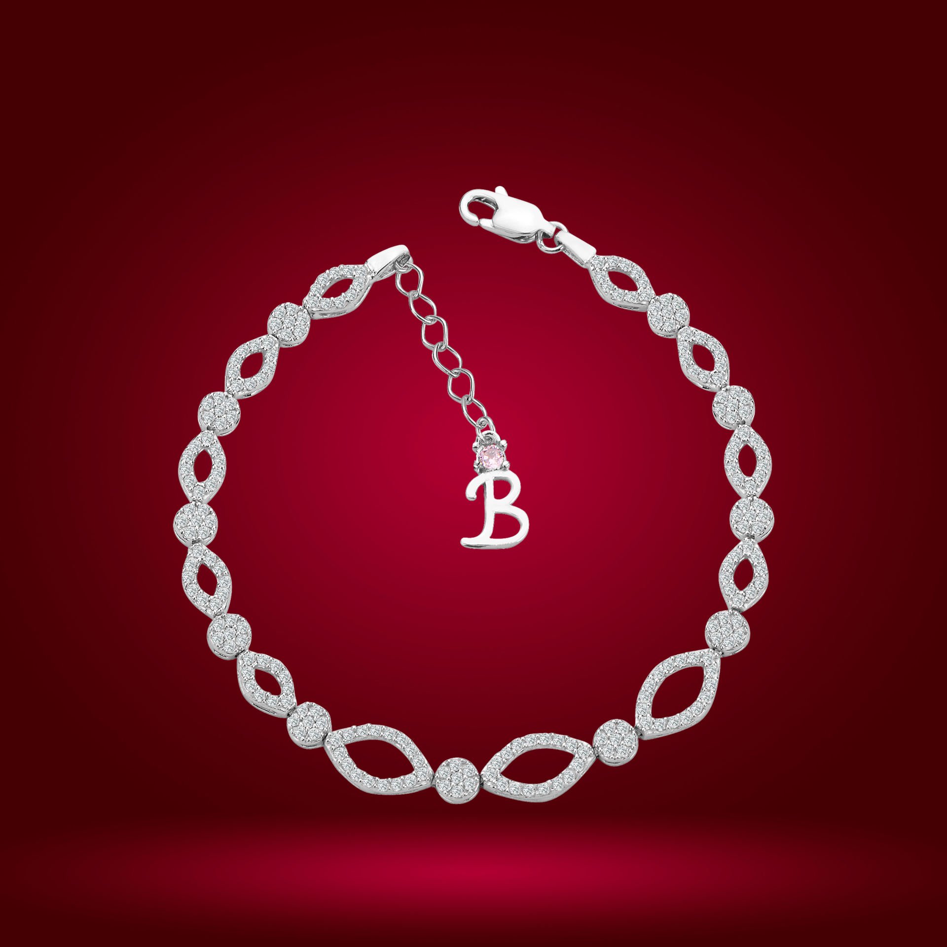 925 Ayar Gümüş Pırlanta Montürlü  Zincir Harfli Su Yolu Bileklik B