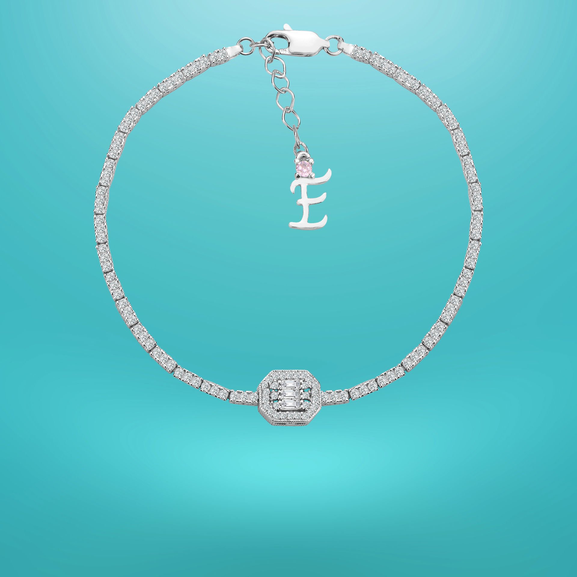 925 Ayar Gümüş Üç Taş Oval Bagetli Zincir Harfli Su Yolu Bileklik E