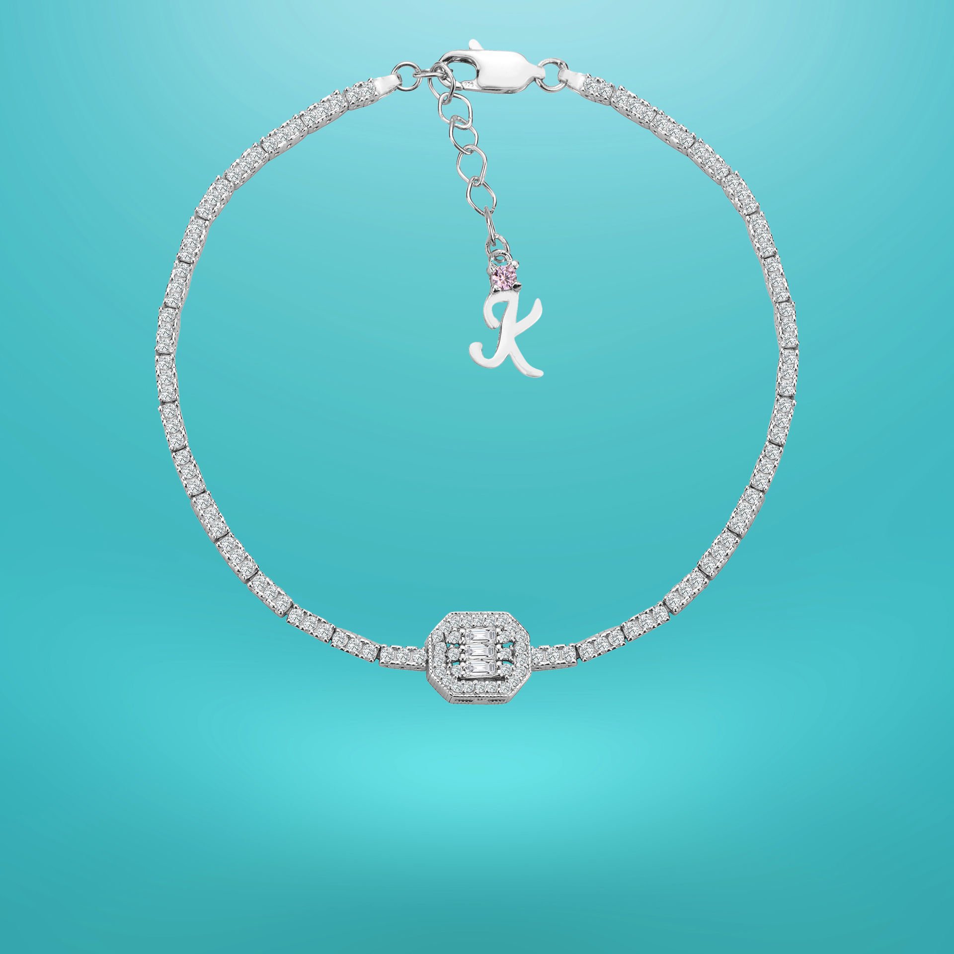 925 Ayar Gümüş Üç Taş Oval Bagetli Zincir Harfli Su Yolu Bileklik K