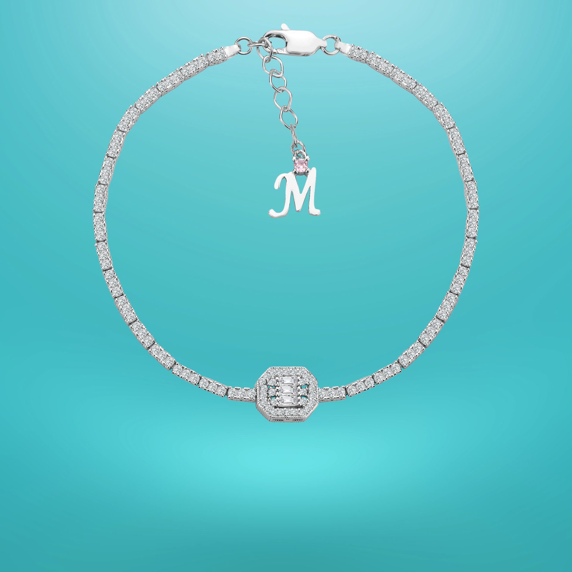 925 Ayar Gümüş Üç Taş Oval Bagetli Zincir Harfli Su Yolu Bileklik M