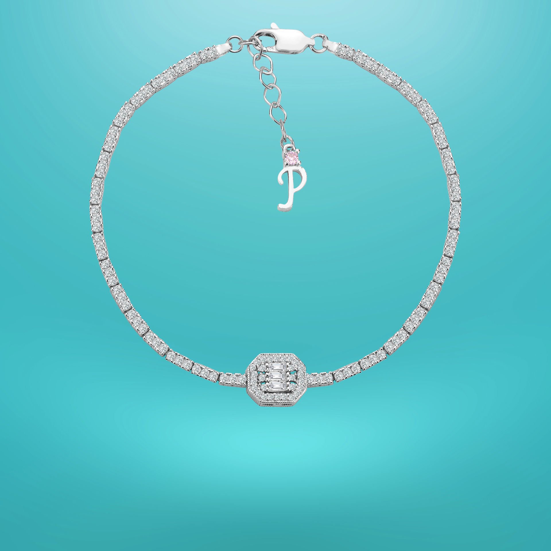 925 Ayar Gümüş Üç Taş Oval Bagetli Zincir Harfli Su Yolu Bileklik P