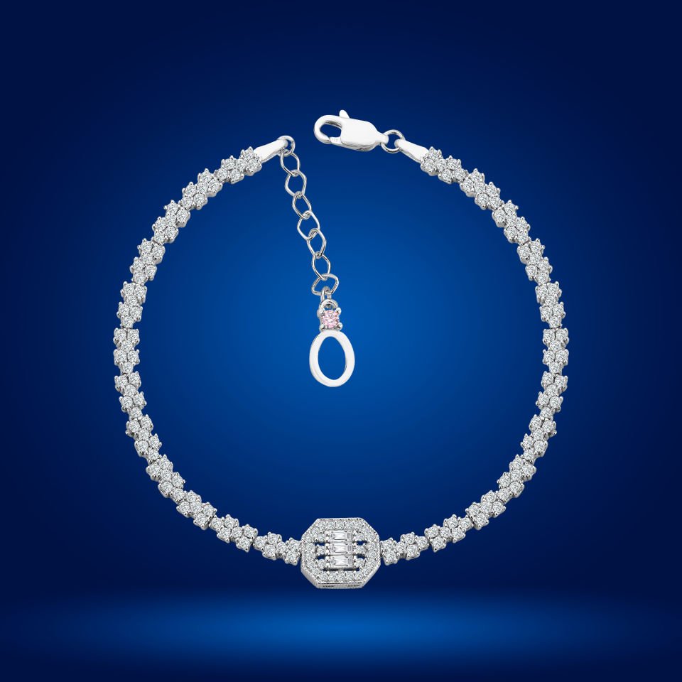 925 Ayar Gümüş  Pırlanta Montür Baget Harfli Su Yolu Bileklik Ö