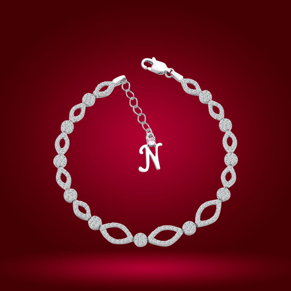925 Ayar Gümüş Pırlanta Montürlü  Zincir Harfli Su Yolu Bileklik N