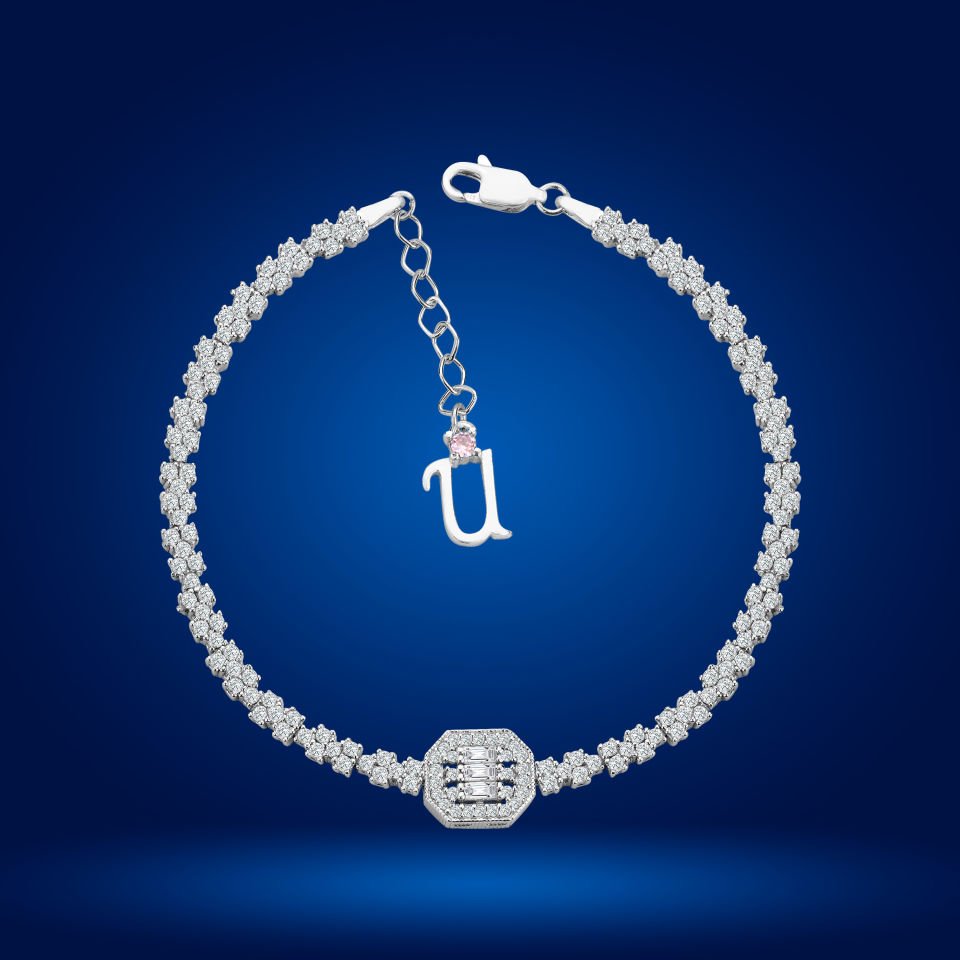 925 Ayar Gümüş  Pırlanta Montür Baget Harfli Su Yolu Bileklik Ü