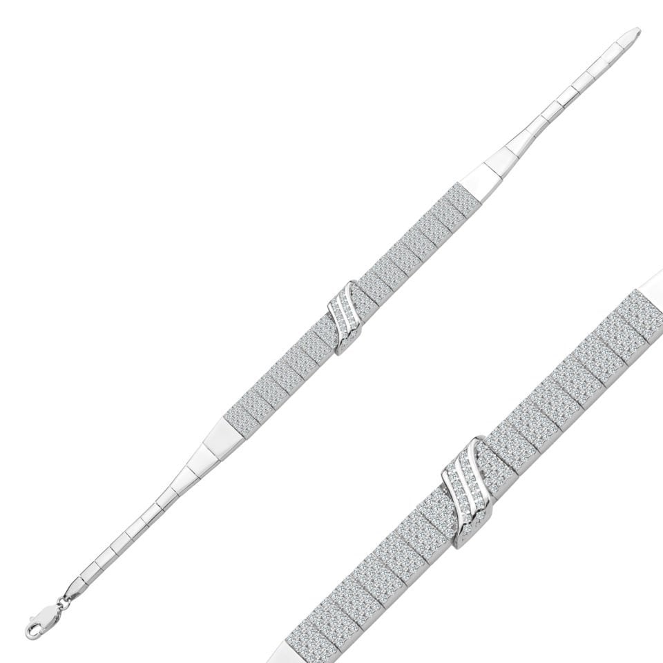 925 Ayar Gümüş 5 Sıra Kemerli Pırlanta Taşlı Harfli Su Yolu Bileklik