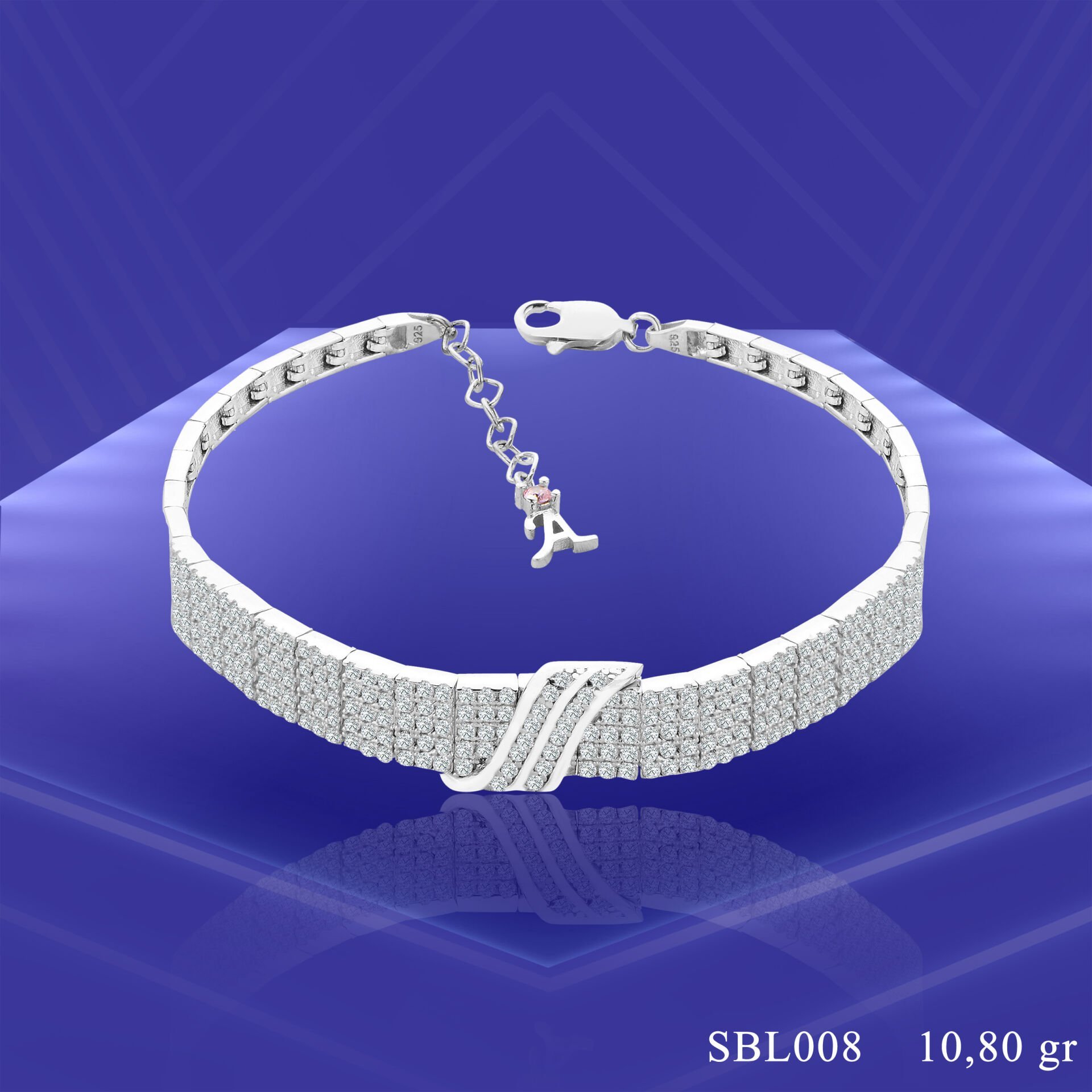 925 Ayar Gümüş 5 Sıra Kemerli Pırlanta Taşlı Harfli Su Yolu Bileklik