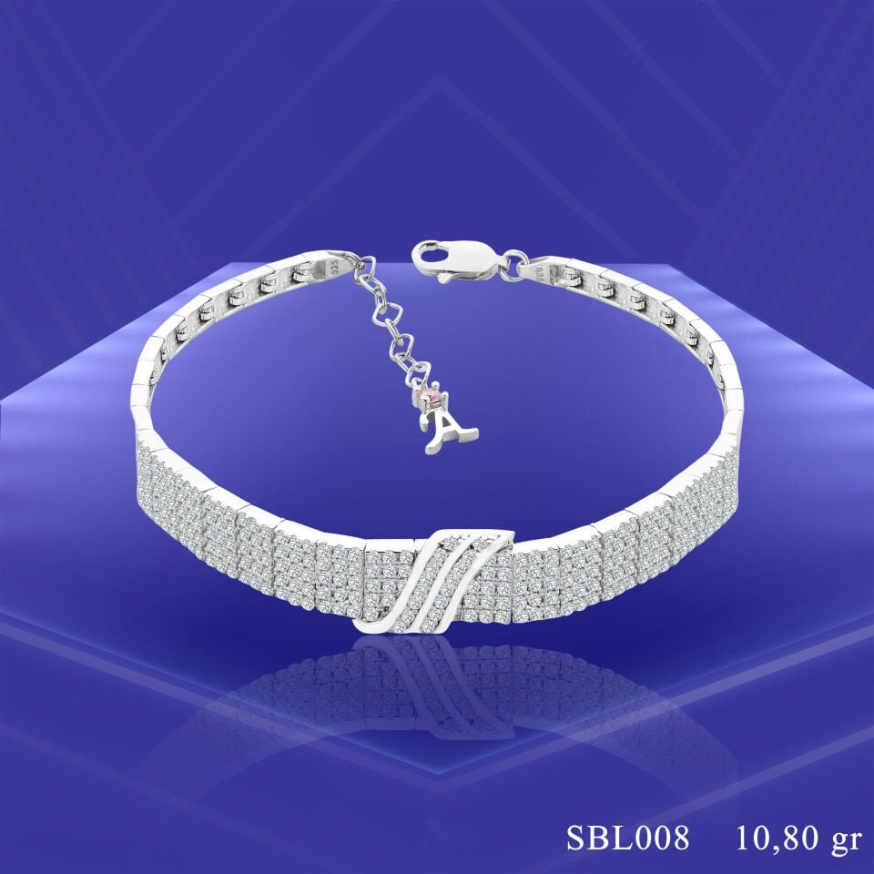 925 Ayar Gümüş 5 Sıra Kemerli Pırlanta Taşlı Harfli Su Yolu Bileklik