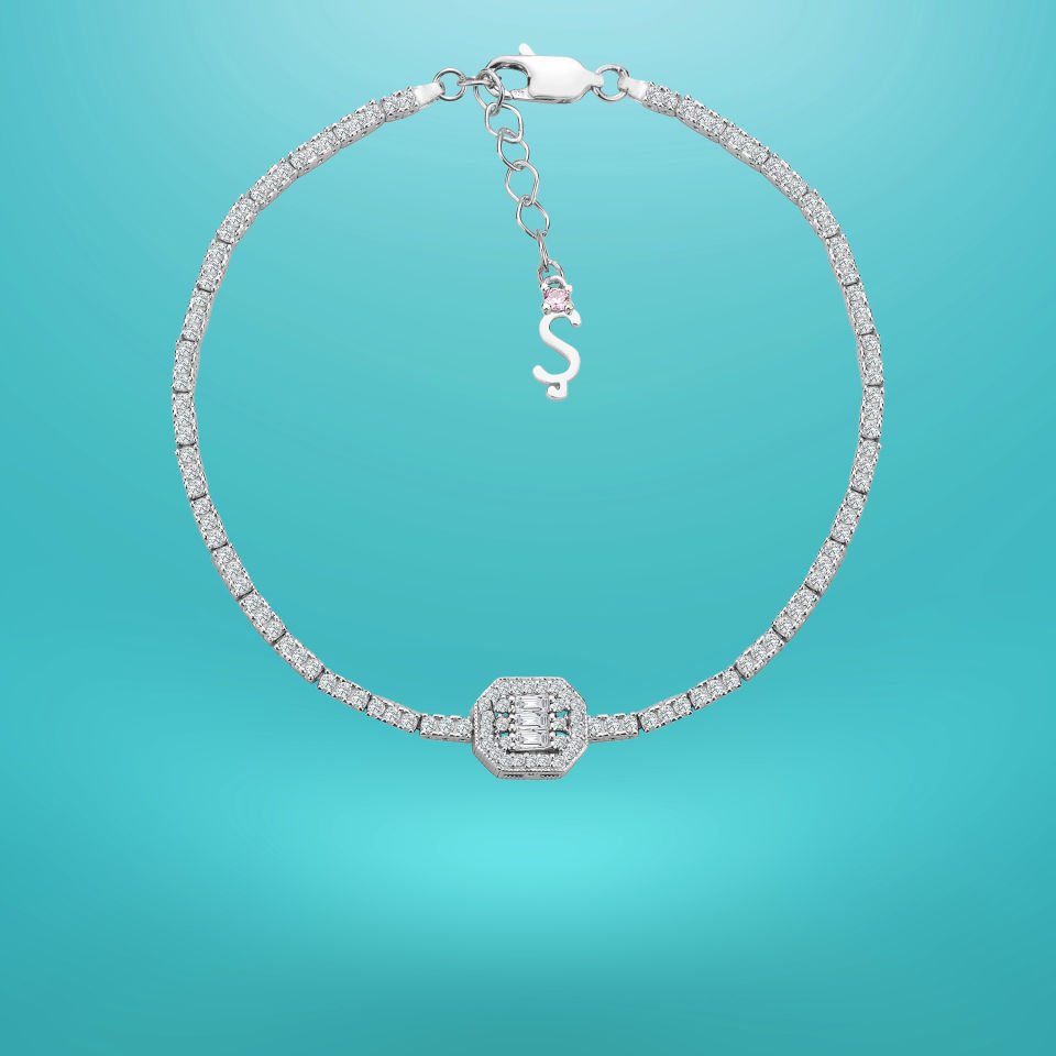 925 Ayar Gümüş Üç Taş Oval Bagetli Zincir Harfli Su Yolu Bileklik Ş