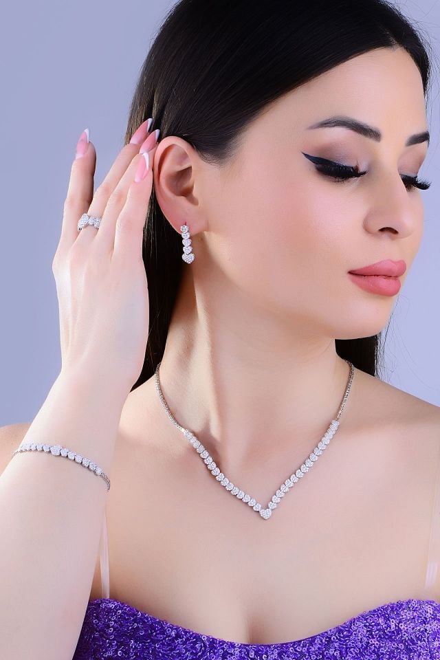 925 Ayar Gümüş Kalp Pırlanta Montür Su Yolu Set