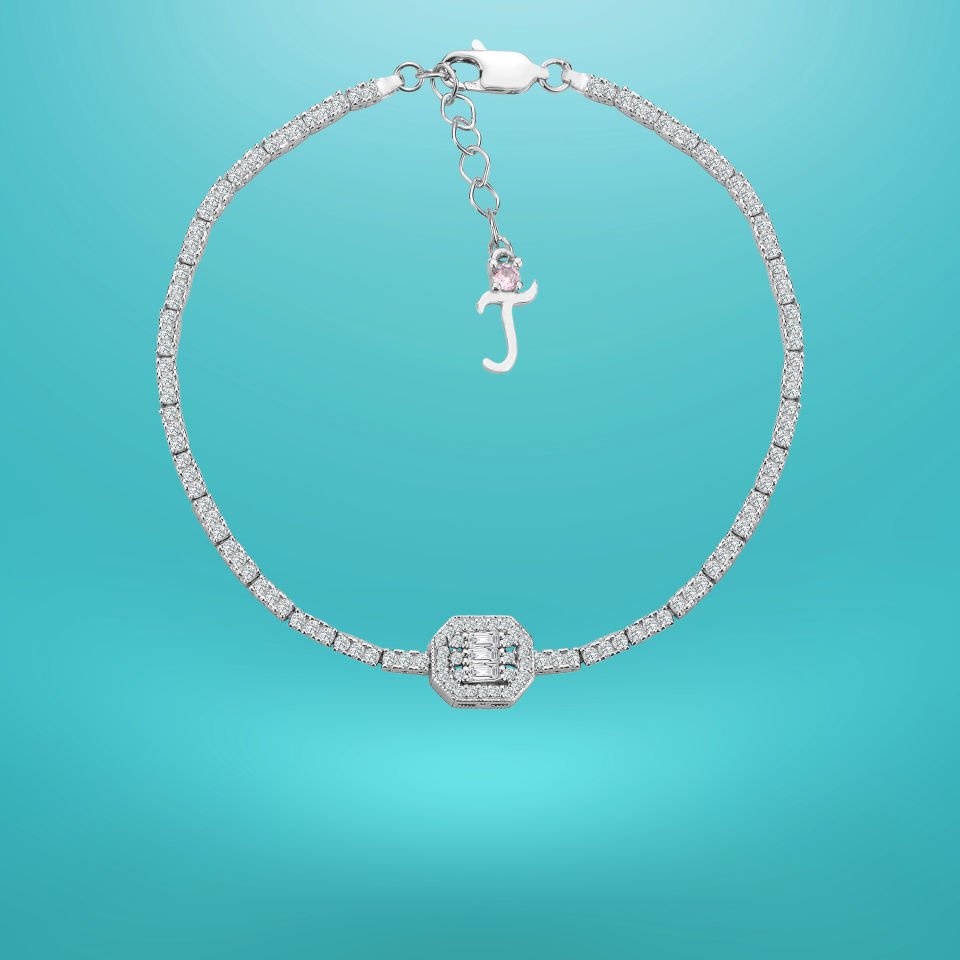 925 Ayar Gümüş Üç Taş Oval Bagetli Zincir Harfli Su Yolu Bileklik T