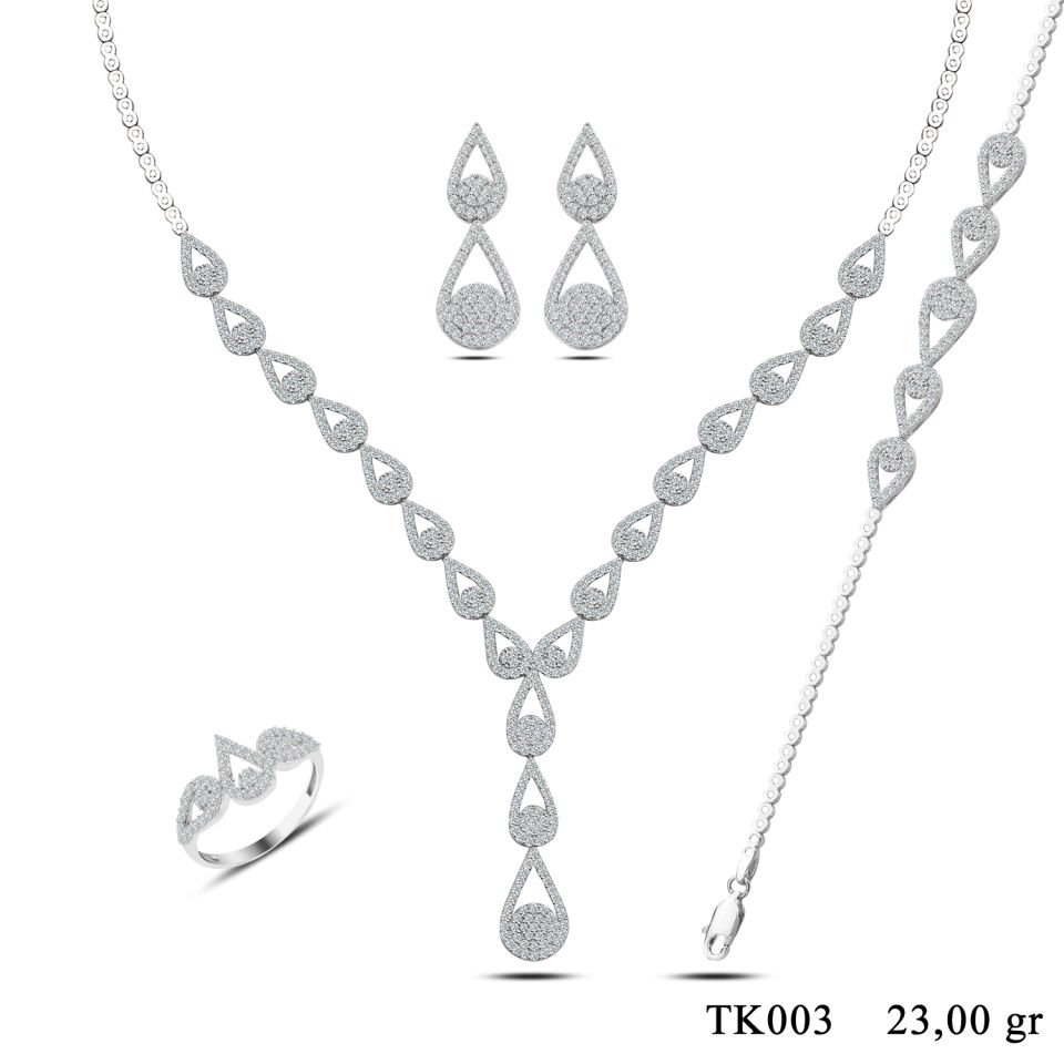 BARIŞ TAKI 925 Ayar Gümüş Damla Salkım Pırlanta Montör Su Yolu Set