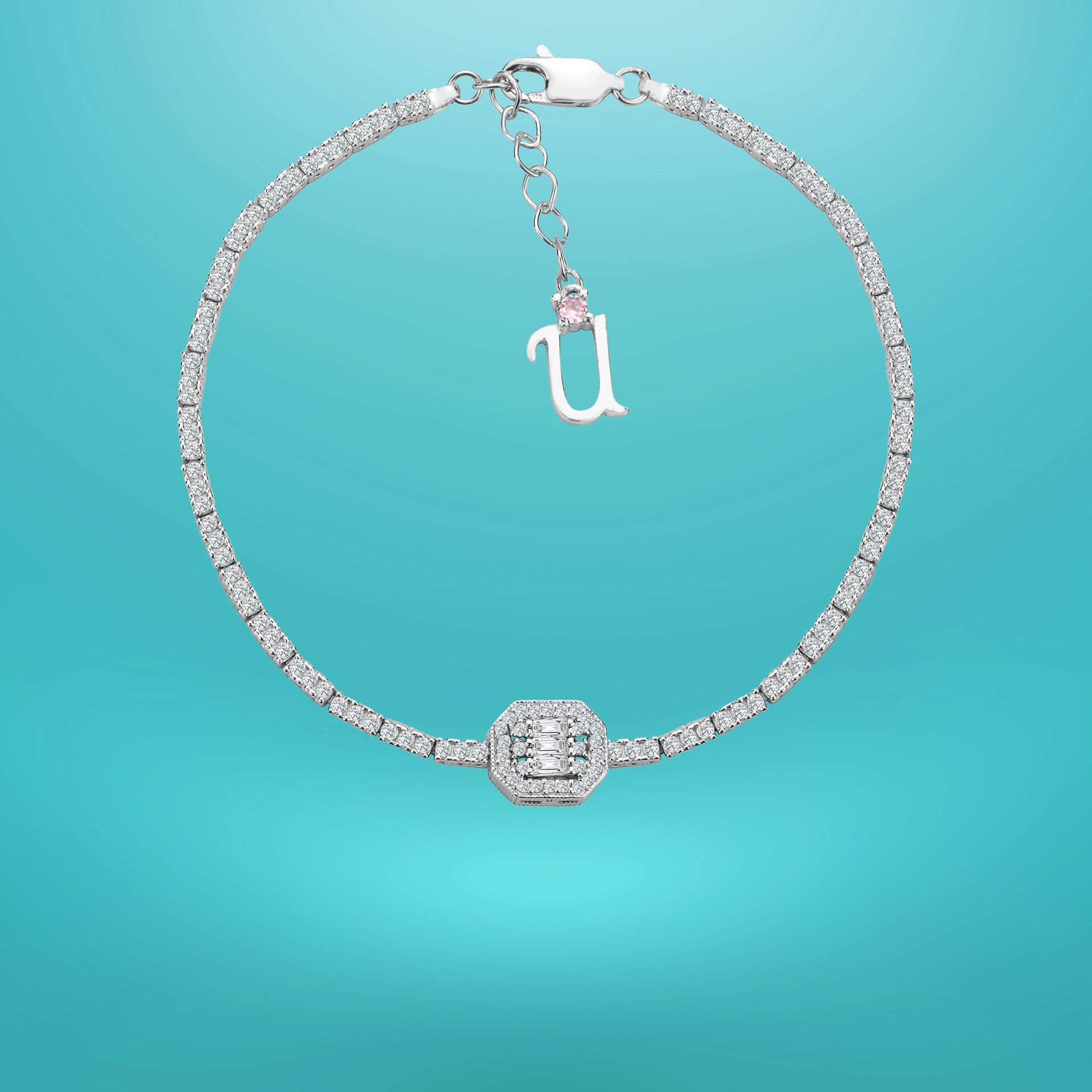 925 Ayar Gümüş Üç Taş Oval Bagetli Zincir Harfli Su Yolu Bileklik U