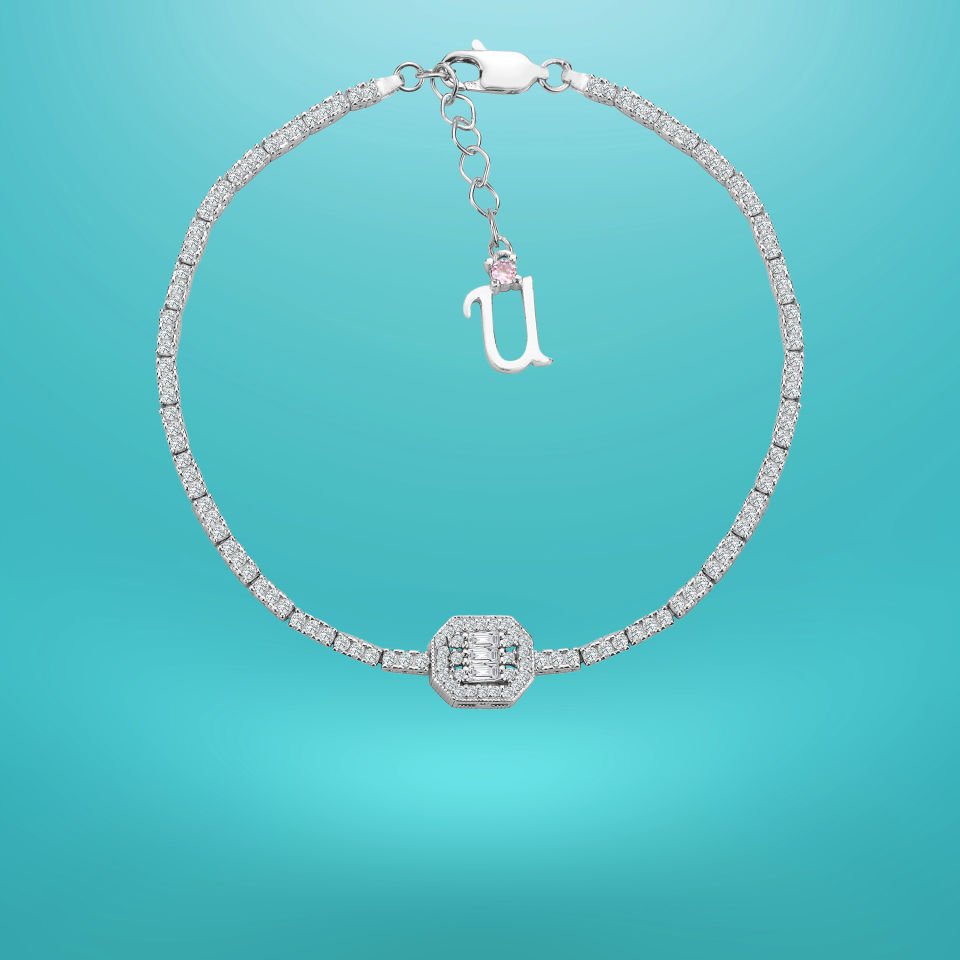 925 Ayar Gümüş Üç Taş Oval Bagetli Zincir Harfli Su Yolu Bileklik U