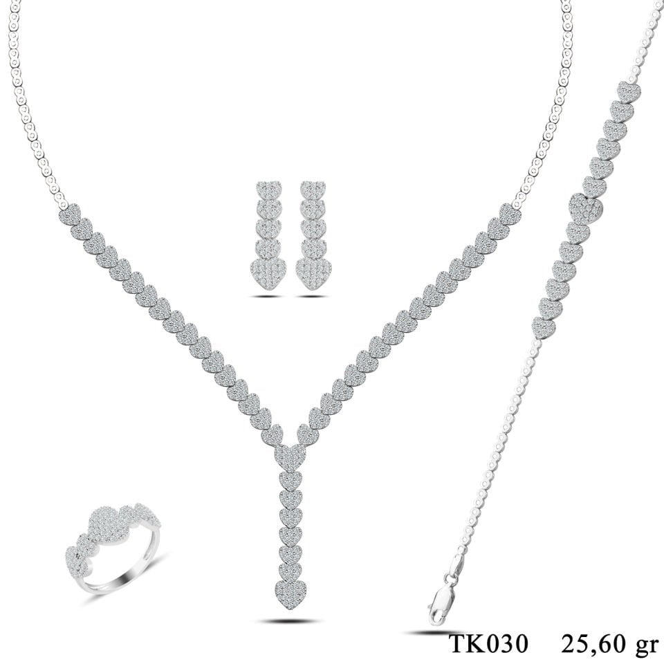 925 Ayar Gümüş Kalp Salkım Pırlanta Montör Su Yolu Set