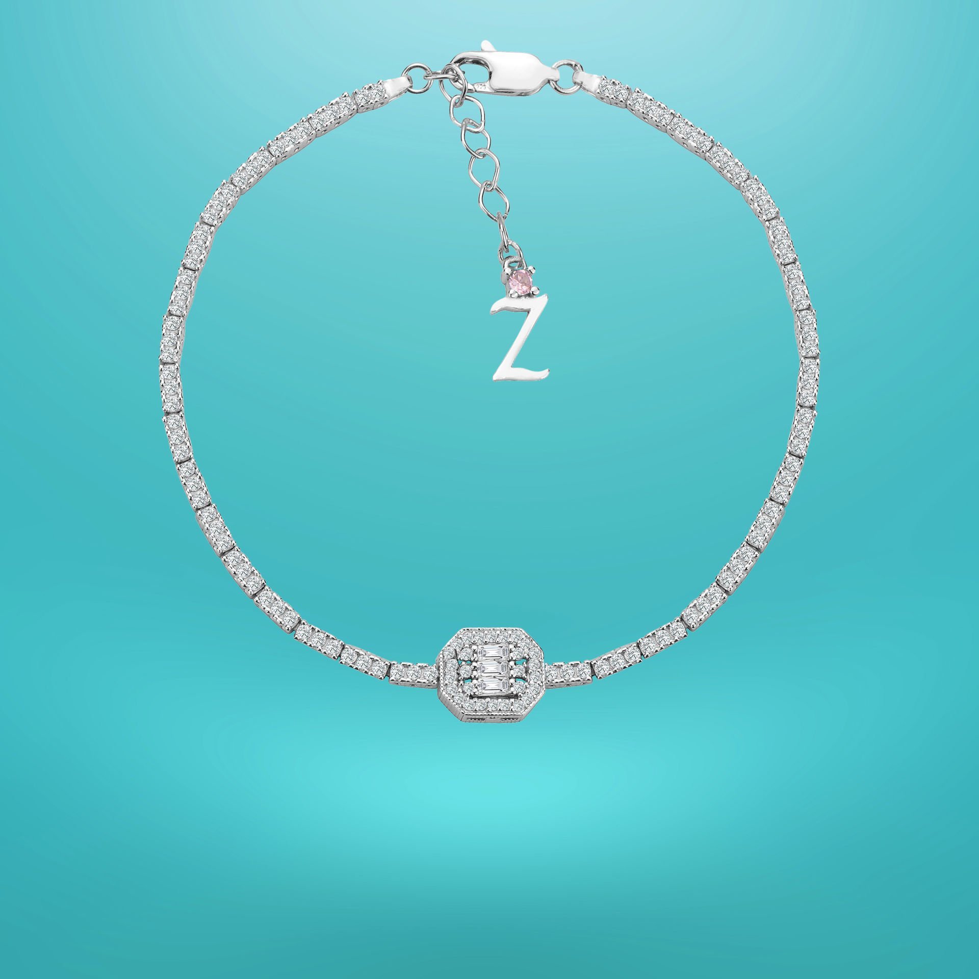 925 Ayar Gümüş Üç Taş Oval Bagetli Zincir Harfli Su Yolu Bileklik Z