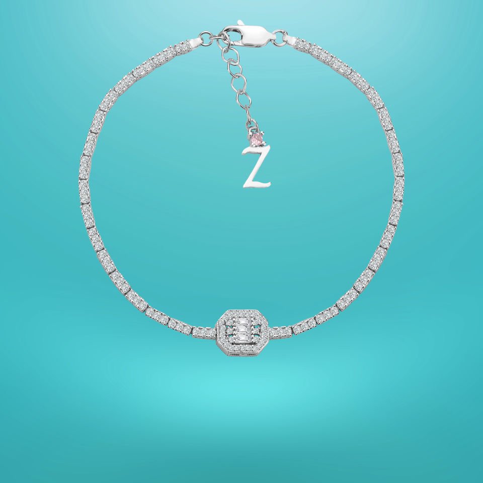 925 Ayar Gümüş Üç Taş Oval Bagetli Zincir Harfli Su Yolu Bileklik Z