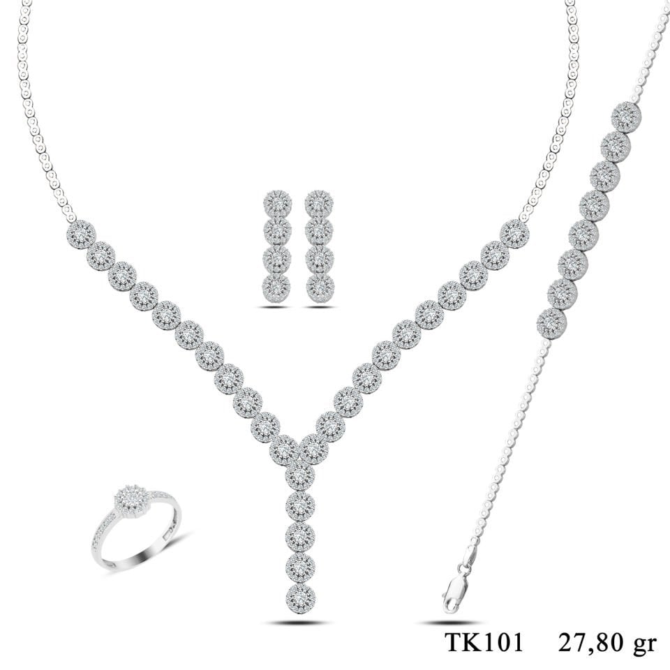 925 Ayar Gümüş Tek Taş Salkım Pırlanta Montör Su Yolu Set