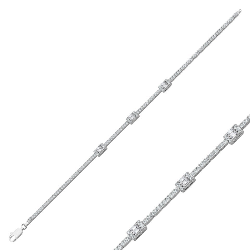 925 Ayar Gümüş Üç Taş Baget Zincir Harfli Su Yolu Bileklik