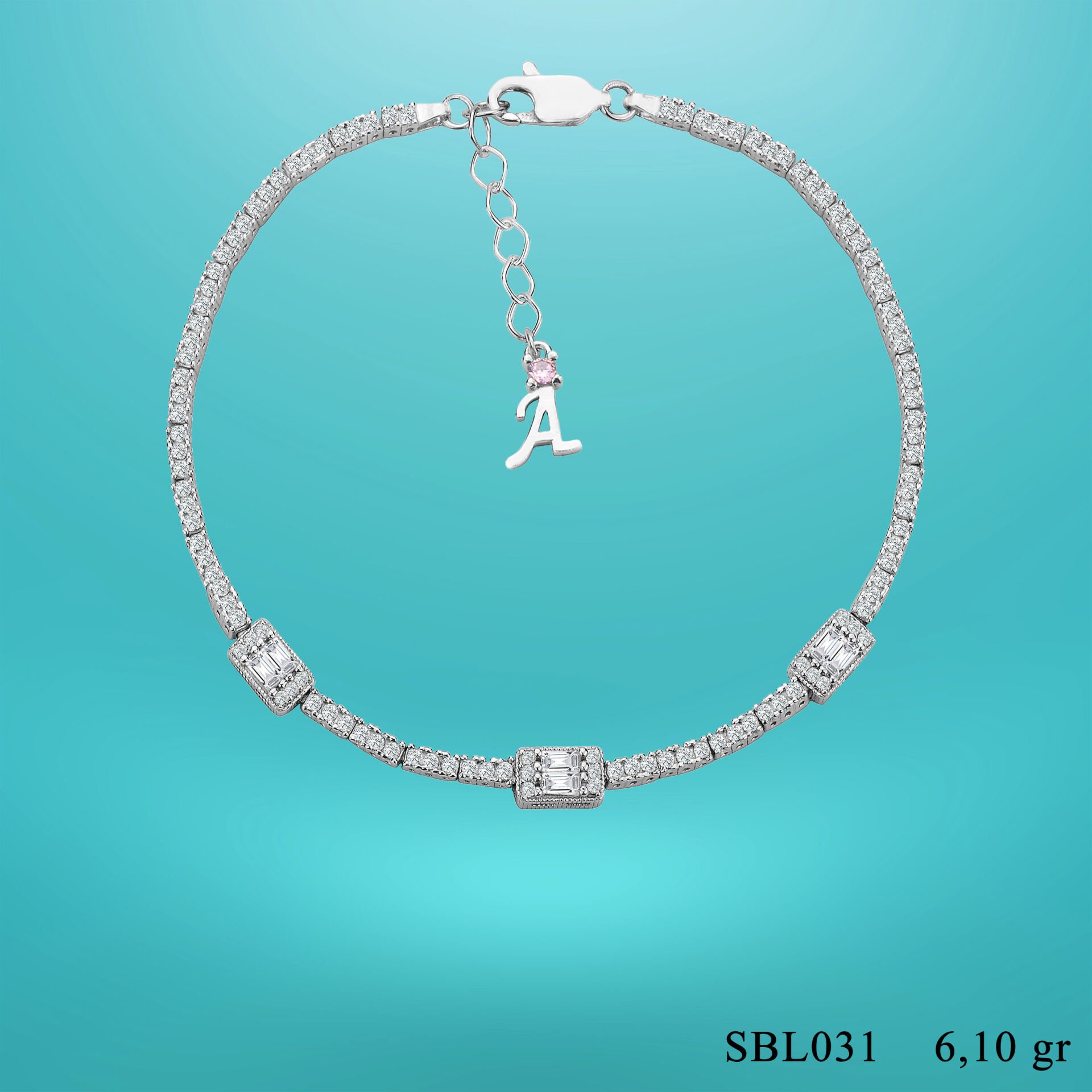 925 Ayar Gümüş Üç Taş Baget Zincir Harfli Su Yolu Bileklik