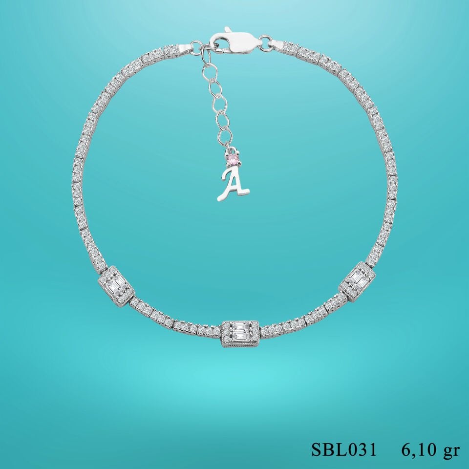 925 Ayar Gümüş Üç Taş Baget Zincir Harfli Su Yolu Bileklik