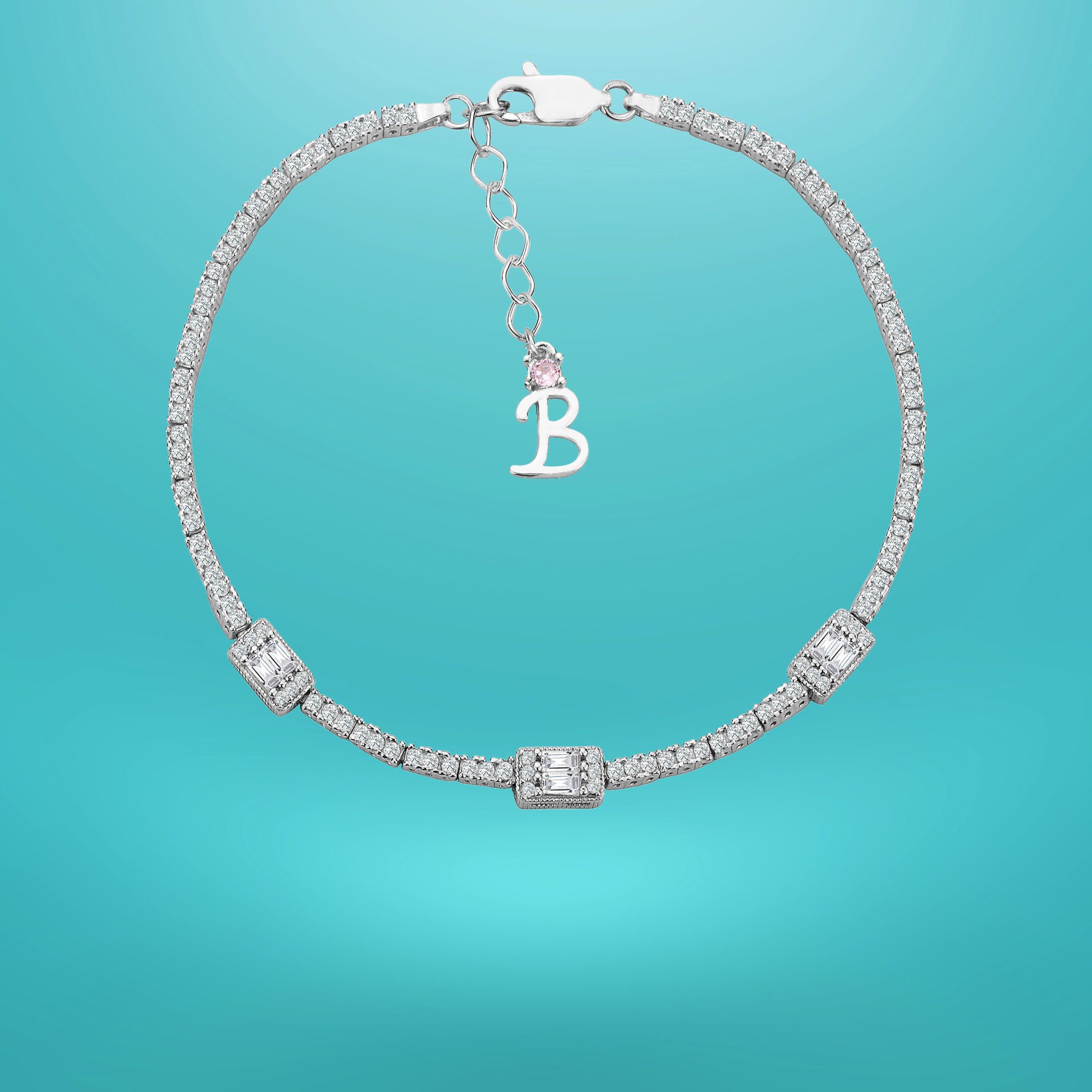 925 Ayar Gümüş Üç Taş Baget Zincir Harfli Su Yolu Bileklik B