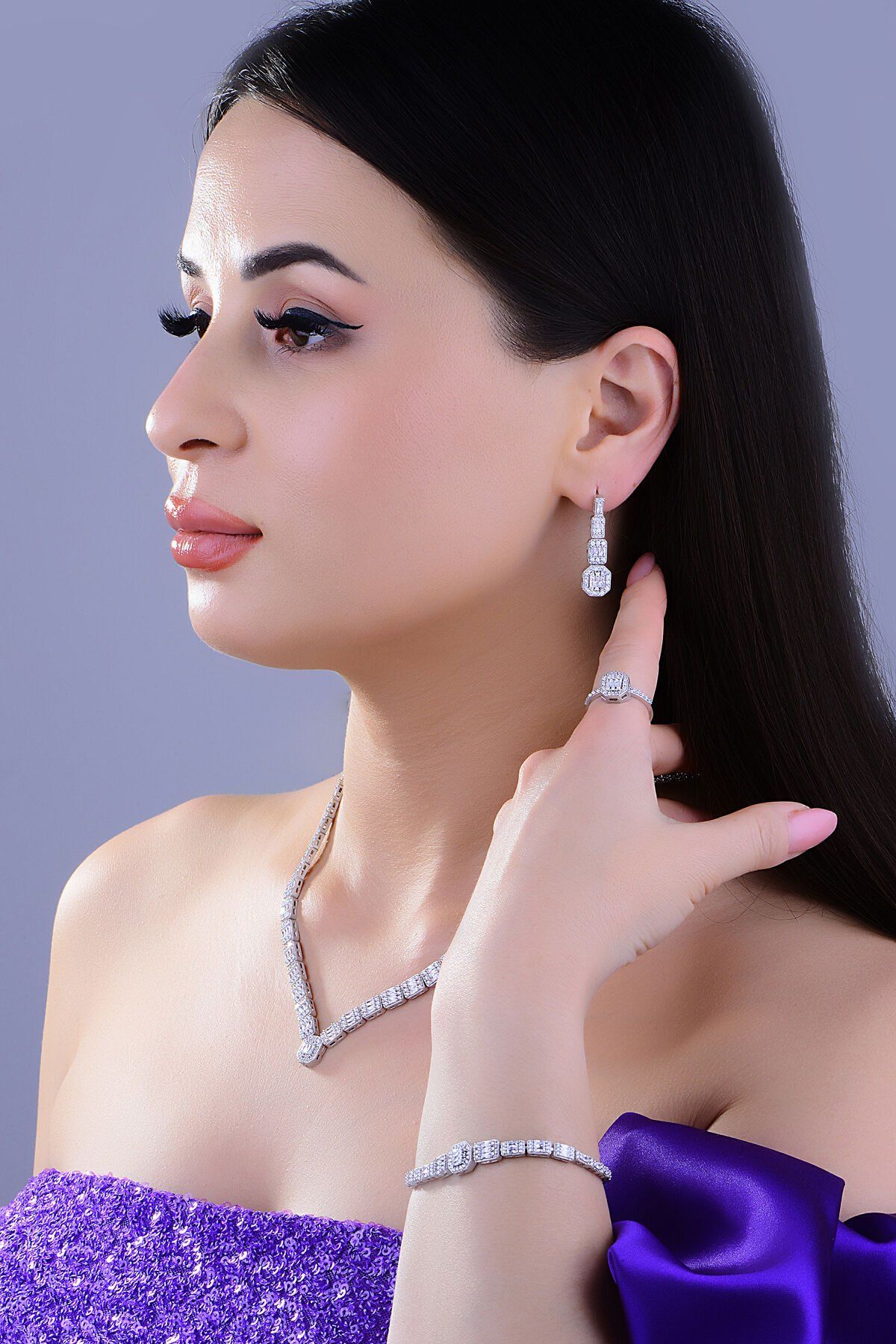 BARIŞ TAKI Kadın 925 Ayar Gümüş 3 Sıra Baget Su Yolu Set