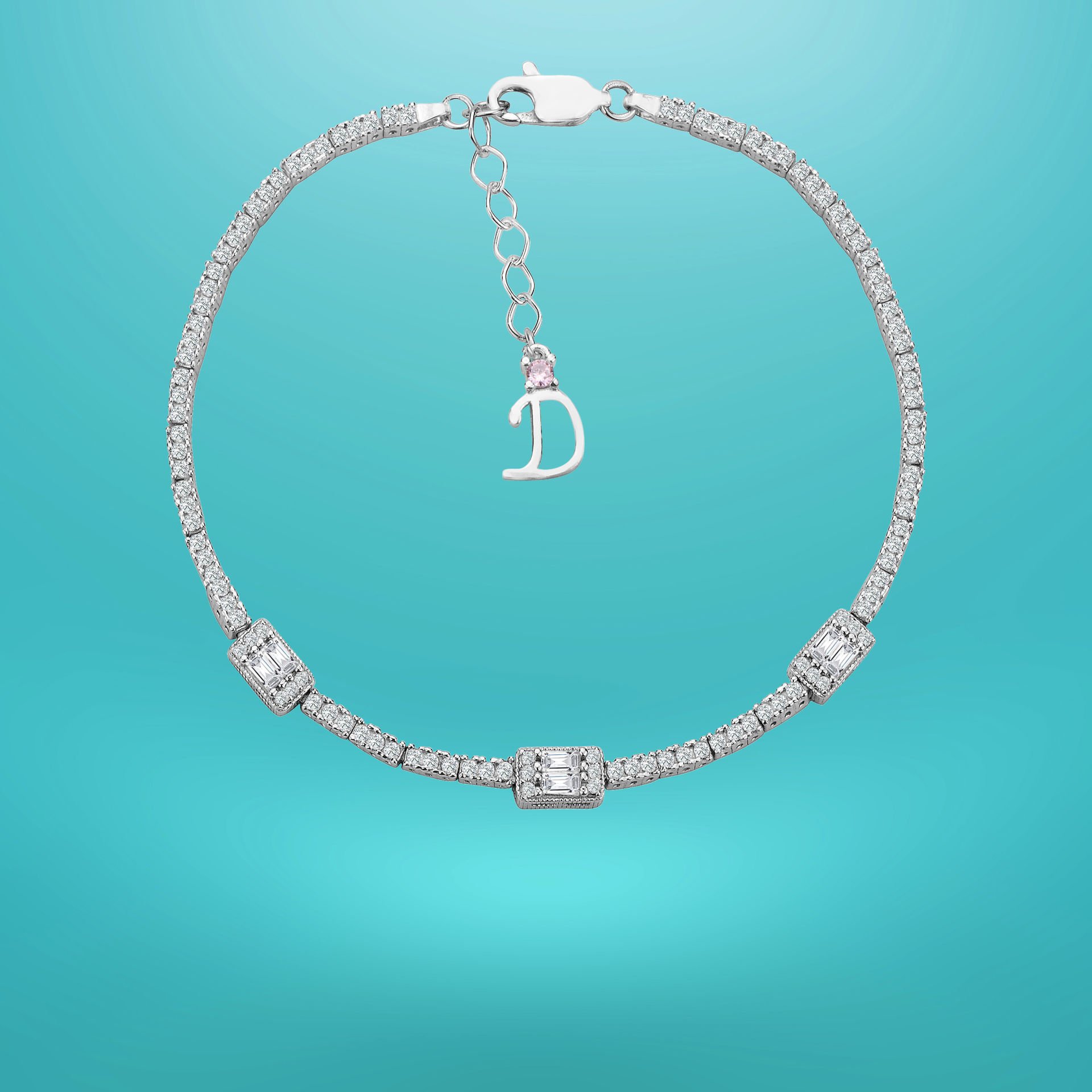 925 Ayar Gümüş Üç Taş Baget Zincir Harfli Su Yolu Bileklik D