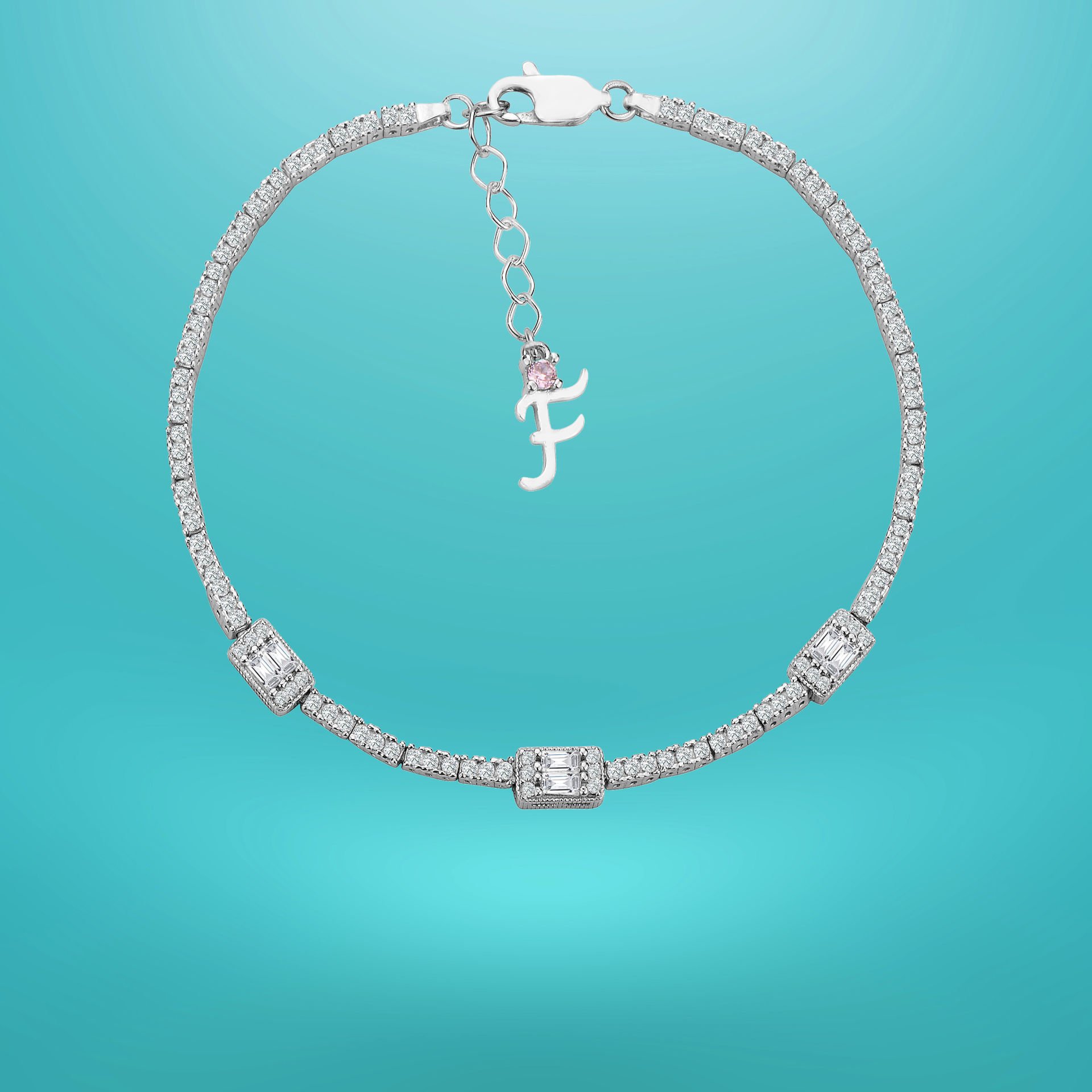 925 Ayar Gümüş Üç Taş Baget Zincir Harfli Su Yolu Bileklik F