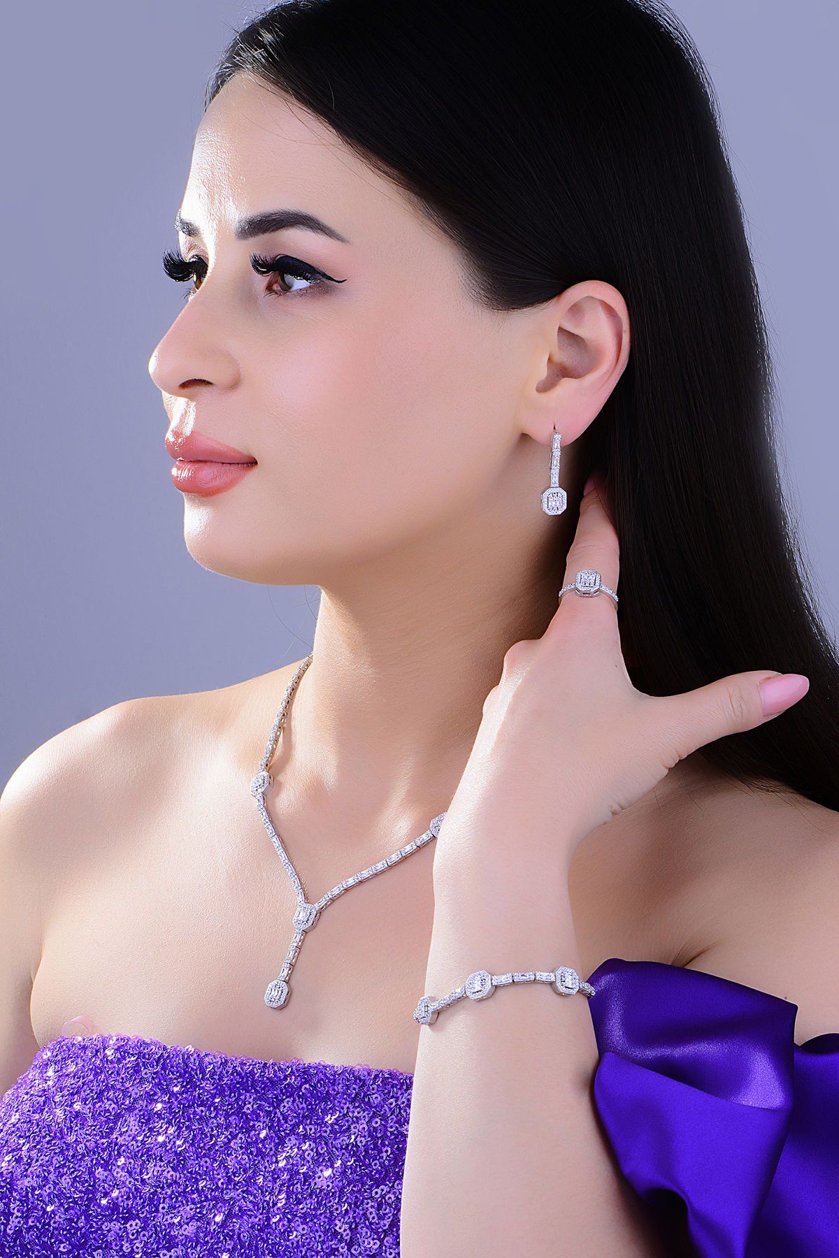 BARIŞ TAKI Kadın 925 Ayar Gümüş Tam Tur Baget Sıralı Su Yolu Set