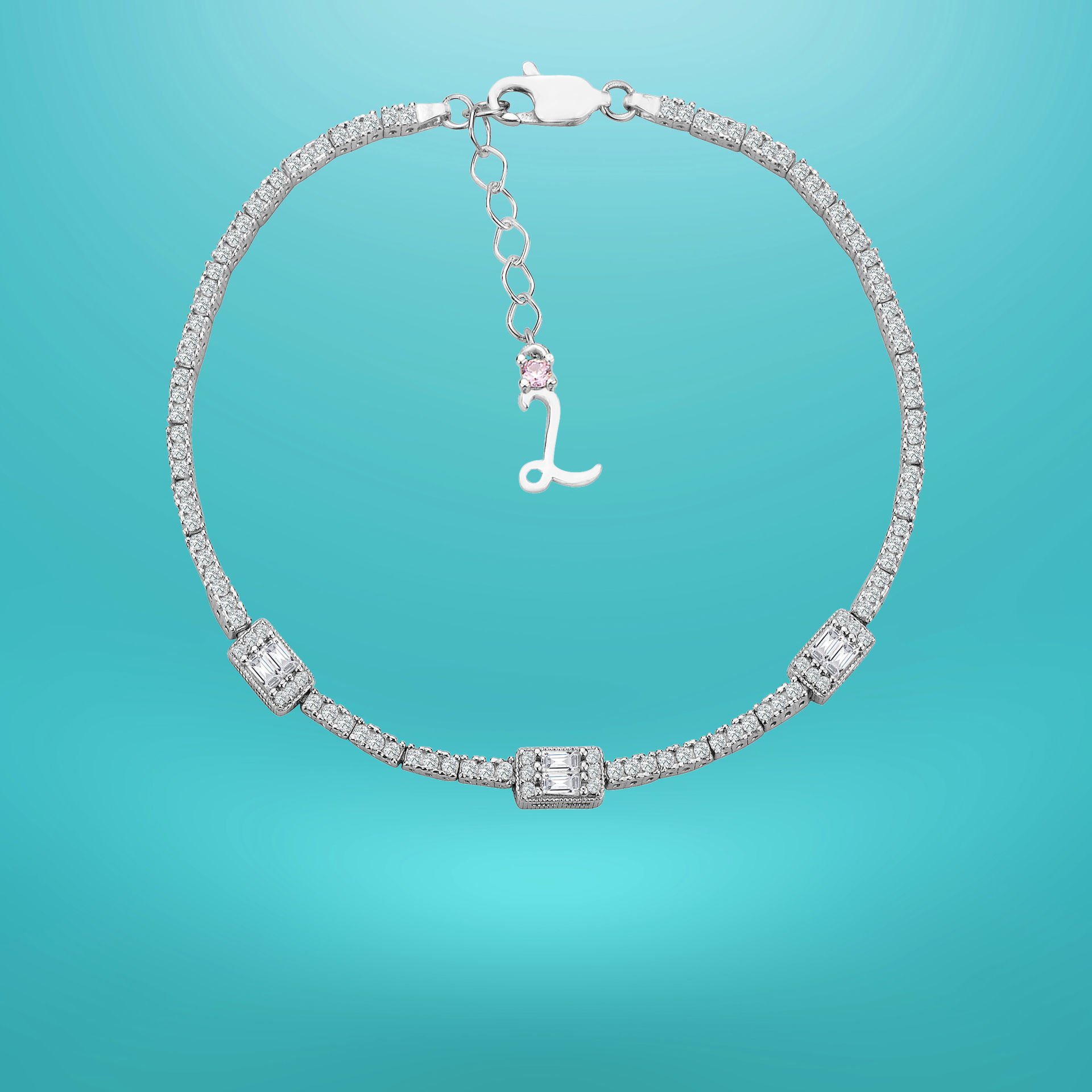 925 Ayar Gümüş Üç Taş Baget Zincir Harfli Su Yolu Bileklik L