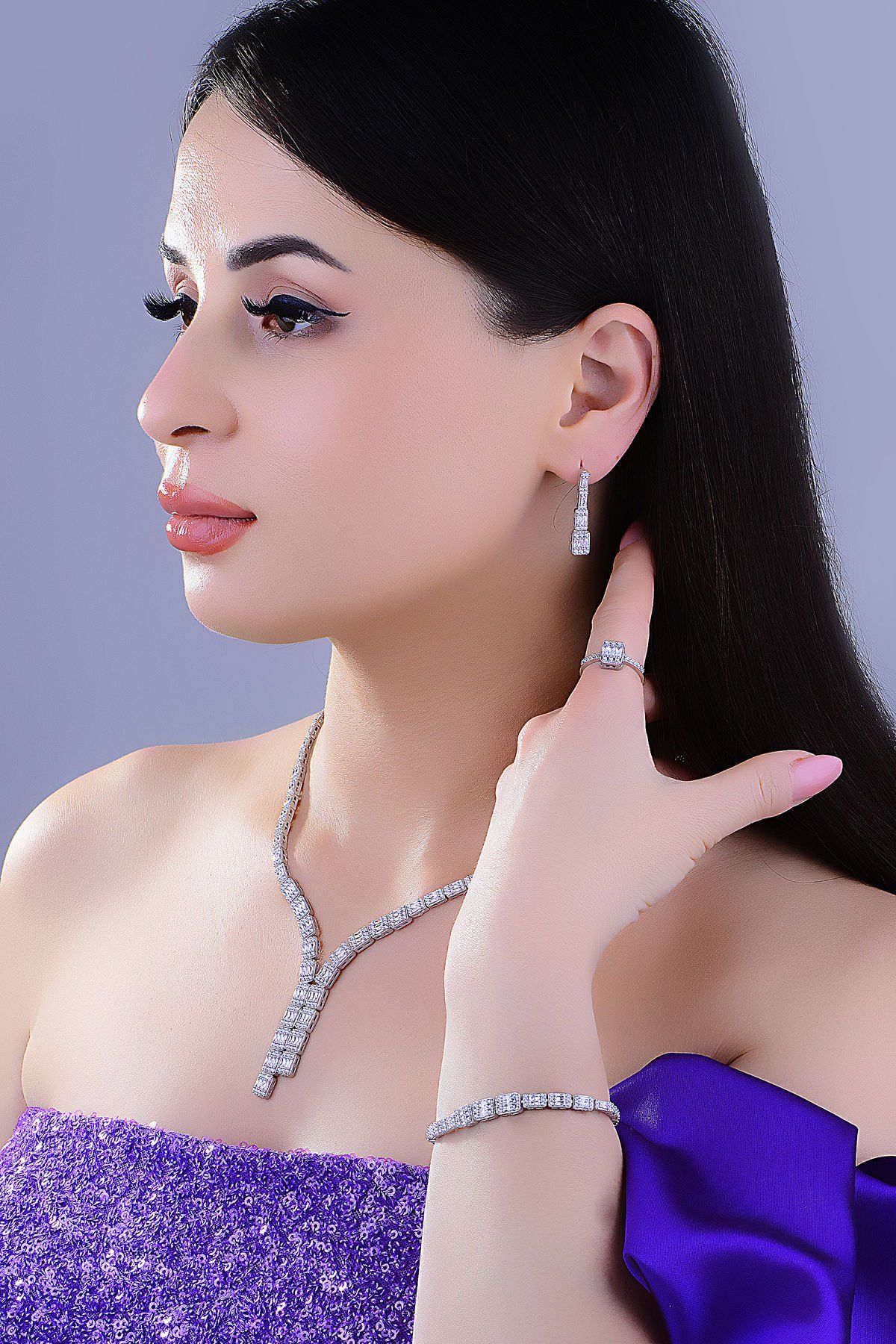 BARIŞ TAKI Kadın 925 Ayar Gümüş Tam Tur Baget Sıralı Su Yolu Set