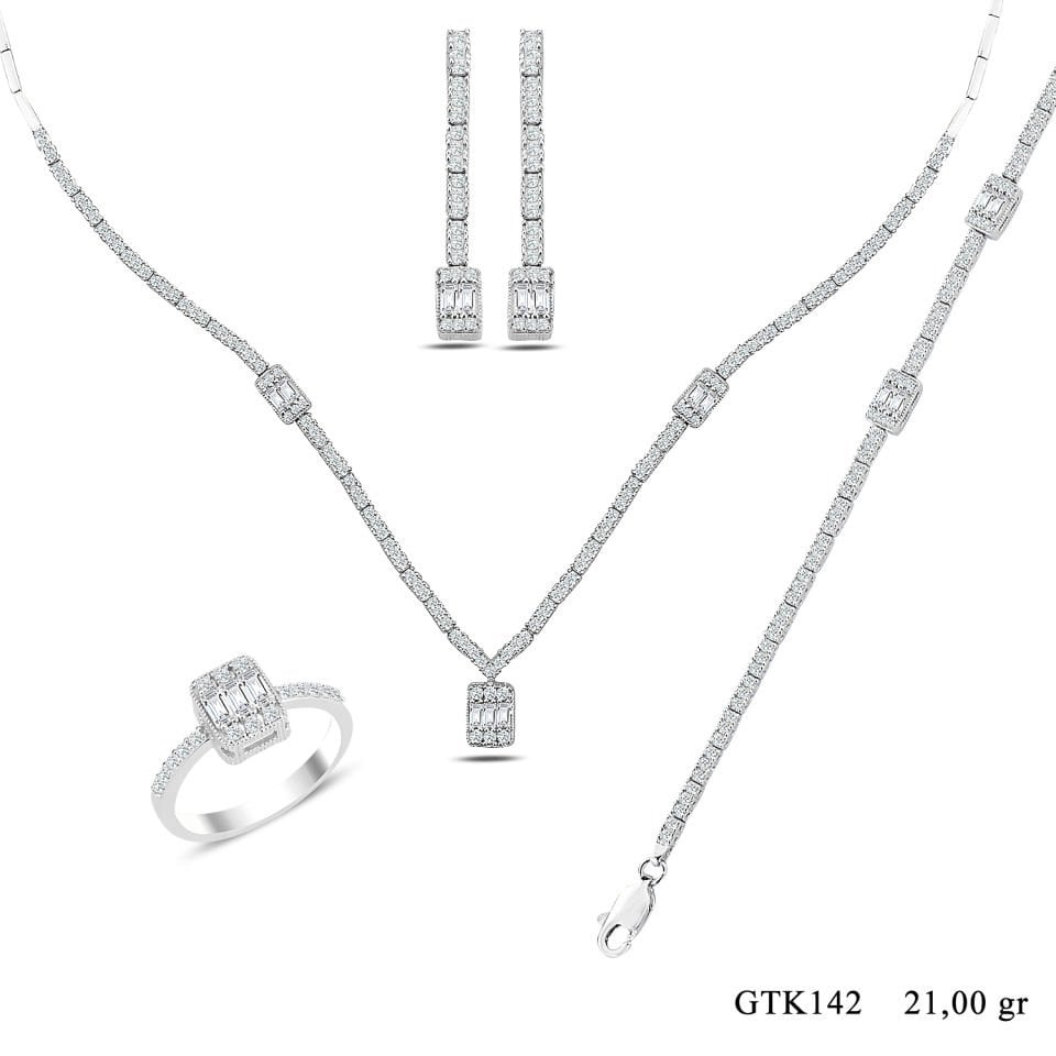 BARIŞ TAKI Kadın 925 Ayar Gümüş Üç Taş Baget Sıralı Su Yolu Set