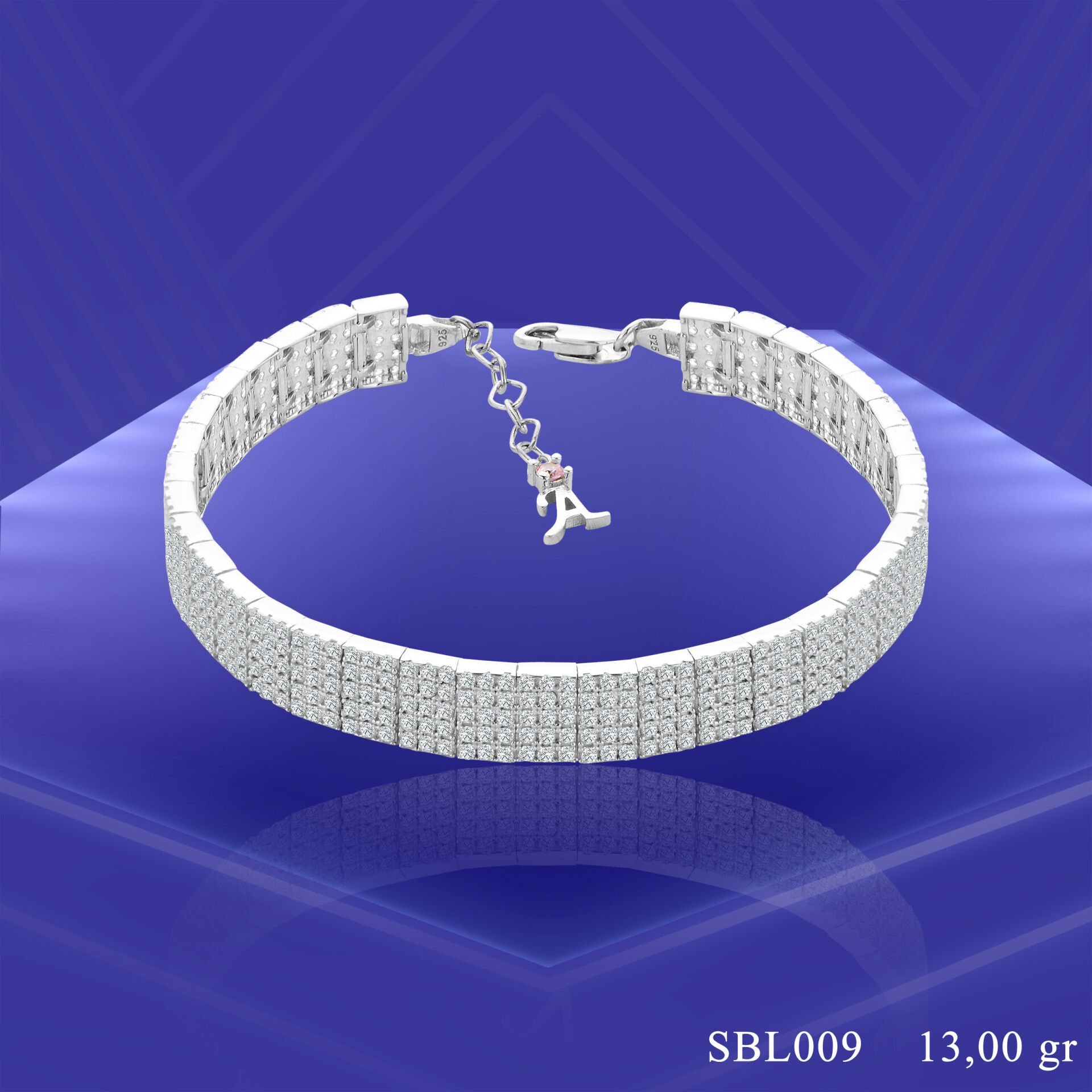 925 Ayar Gümüş 5 Sıra Ful Taşlı Harfli Su Yolu Bileklik