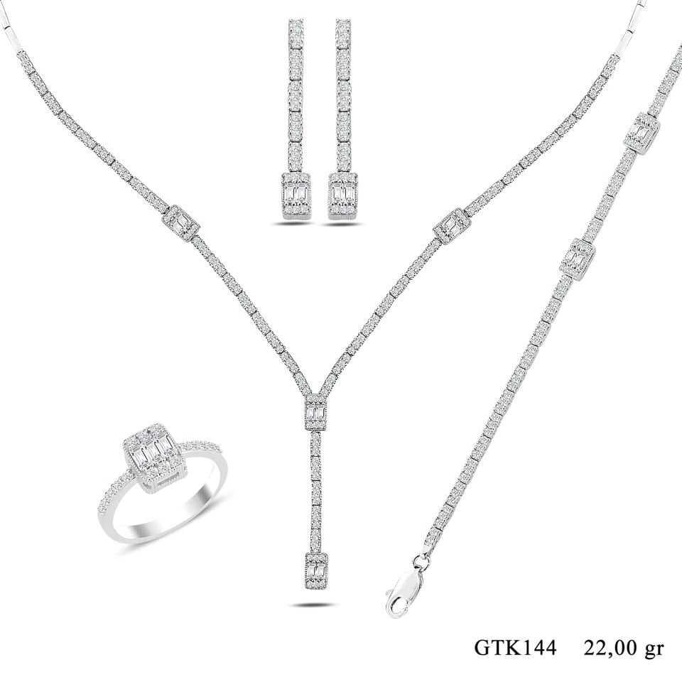 BARIŞ TAKI Kadın 925 Ayar Gümüş Üç Taş Baget Sıralı Su Yolu Set