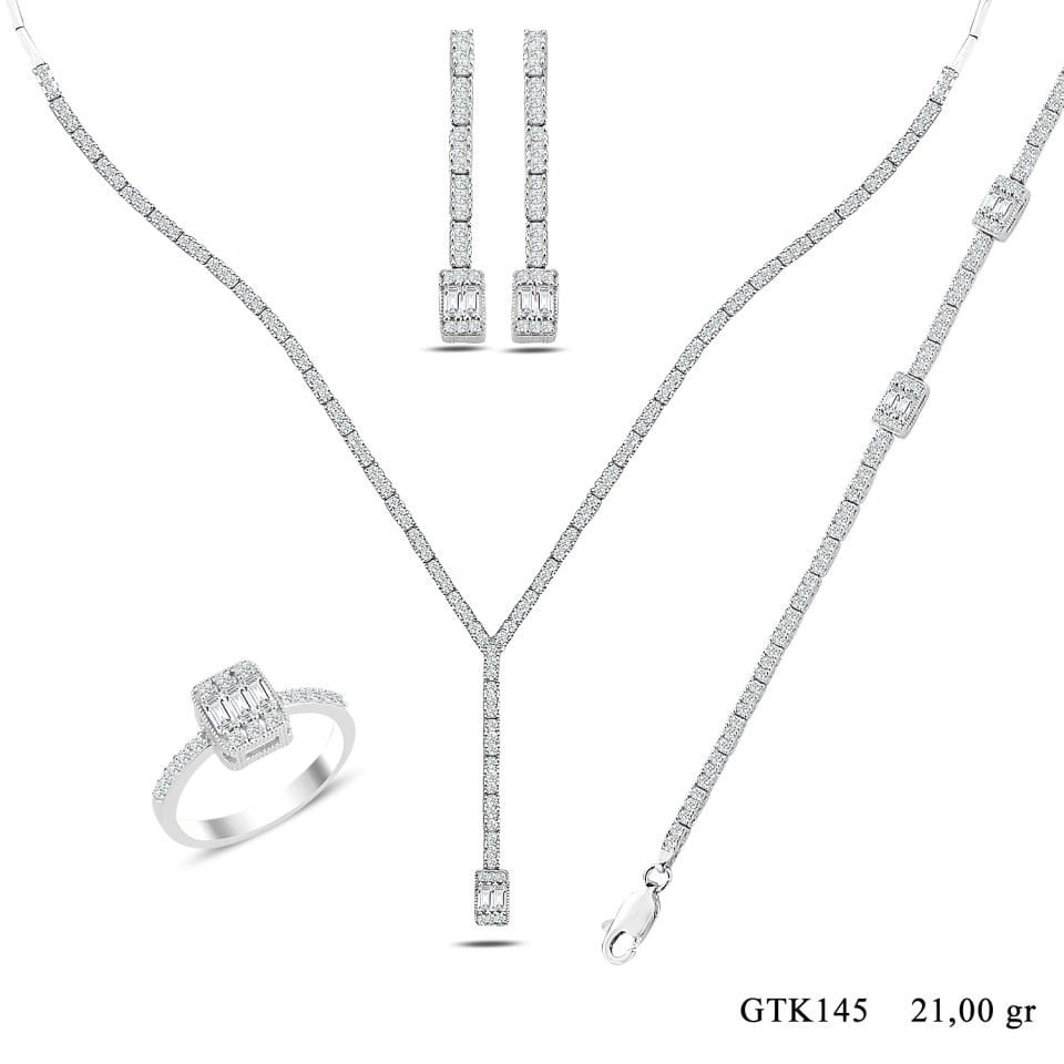 BARIŞ TAKI Kadın 925 Ayar Gümüş Üç Taş Baget Sıralı Su Yolu Set