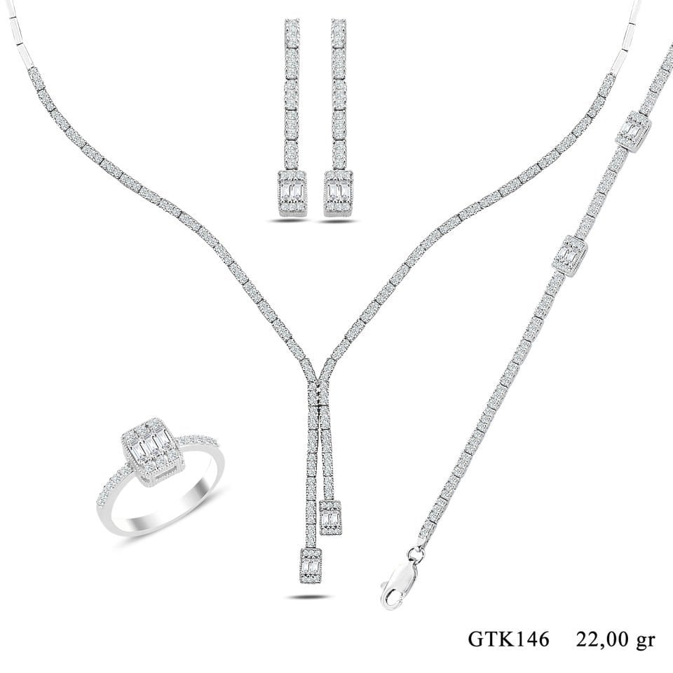 BARIŞ TAKI Kadın 925 Ayar Gümüş Üç Taş Baget Sıralı Su Yolu Set