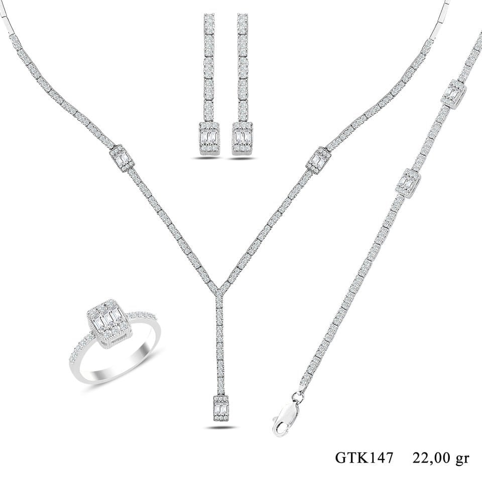 BARIŞ TAKI Kadın 925 Ayar Gümüş Üç Taş Baget Sıralı Su Yolu Set