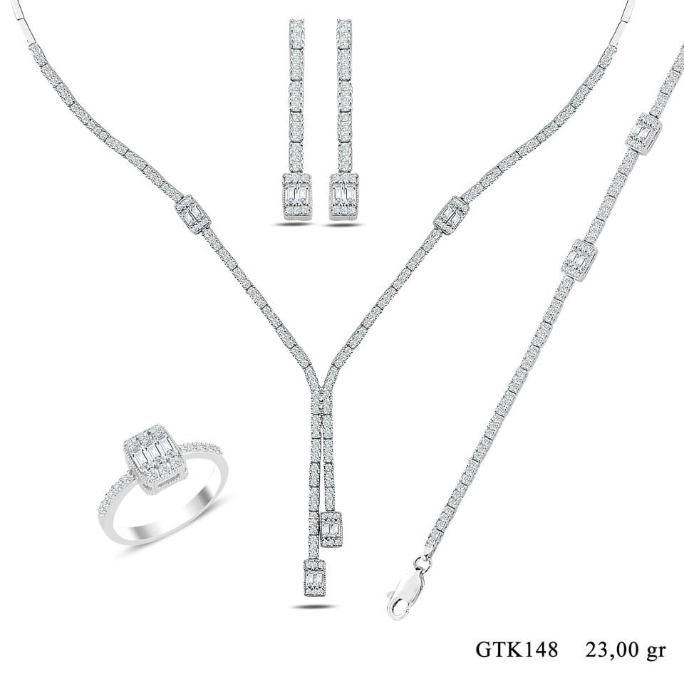 BARIŞ TAKI Kadın 925 Ayar Gümüş Üç Taş Baget Sıralı Su Yolu Set