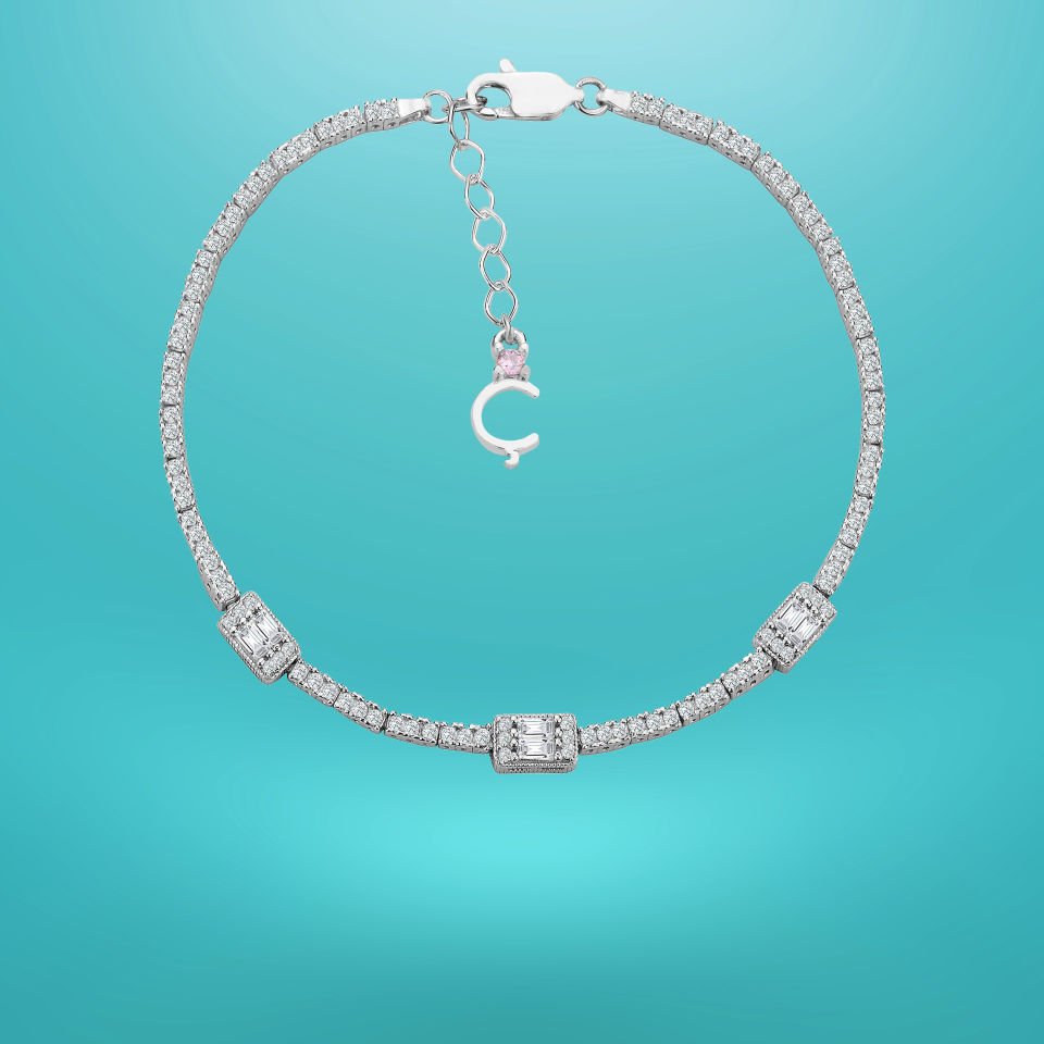 925 Ayar Gümüş Üç Taş Baget Zincir Harfli Su Yolu Bileklik Ç