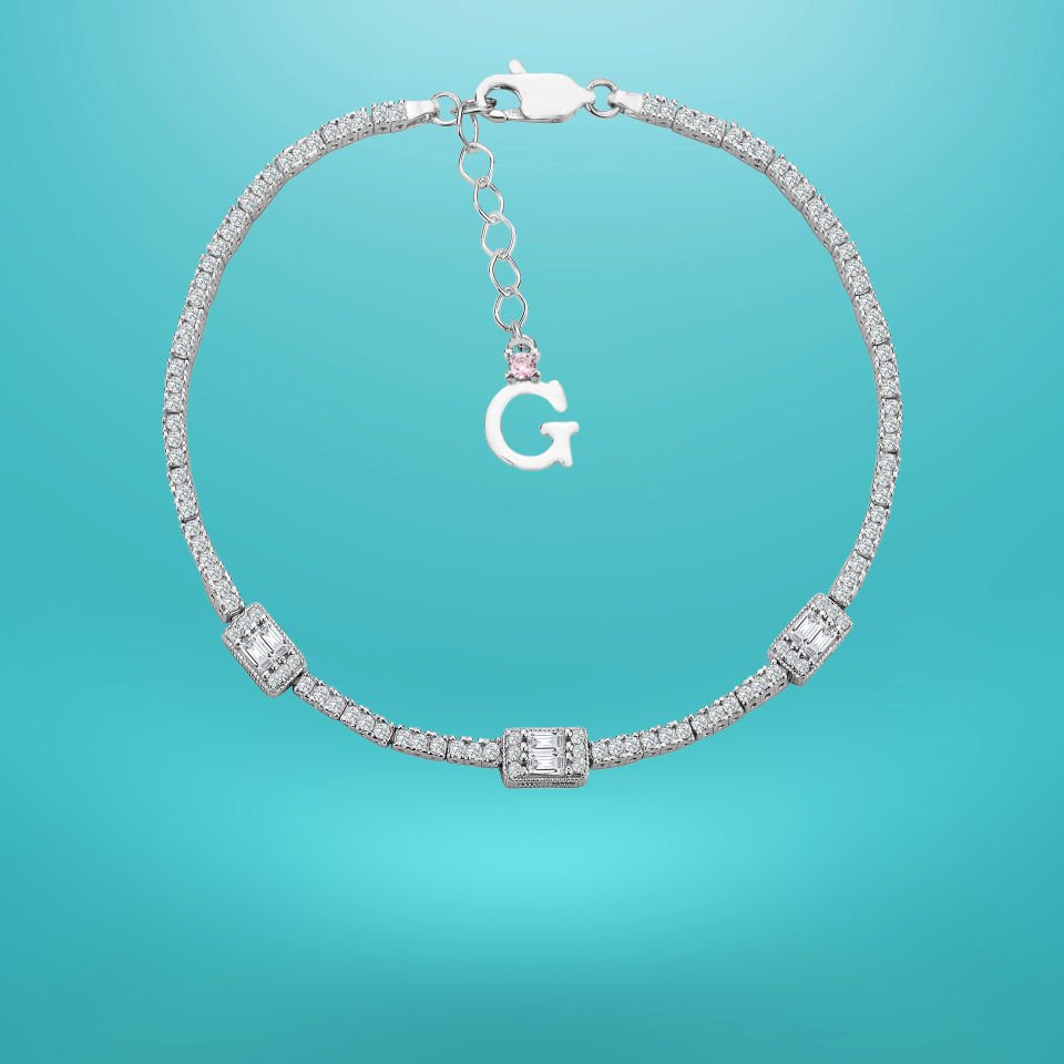 925 Ayar Gümüş Üç Taş Baget Zincir Harfli Su Yolu Bileklik Ğ