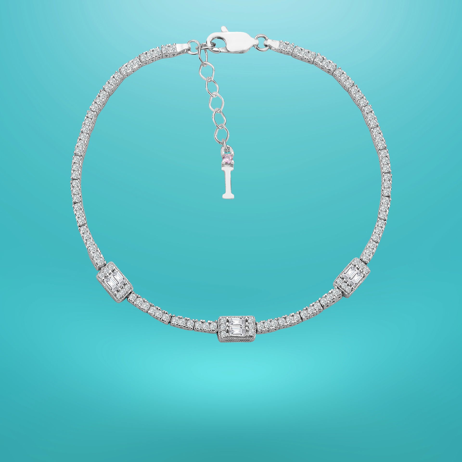 925 Ayar Gümüş Üç Taş Baget Zincir Harfli Su Yolu Bileklik İ