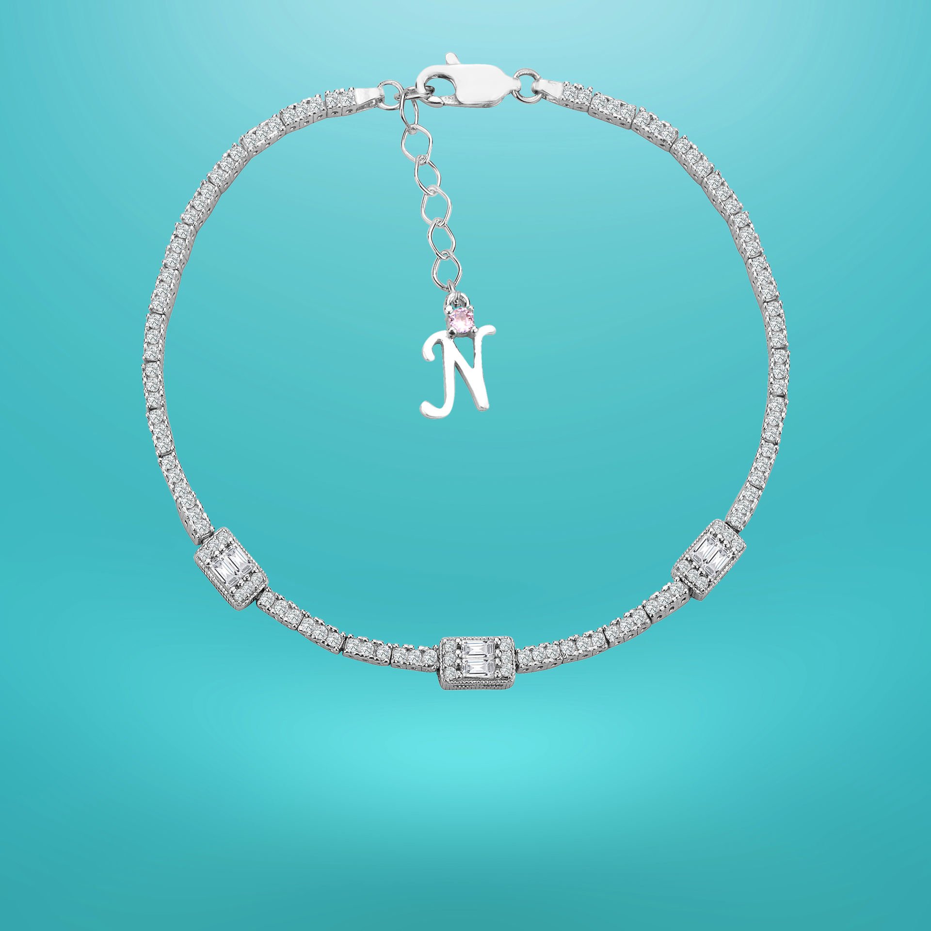 925 Ayar Gümüş Üç Taş Baget Zincir Harfli Su Yolu Bileklik N